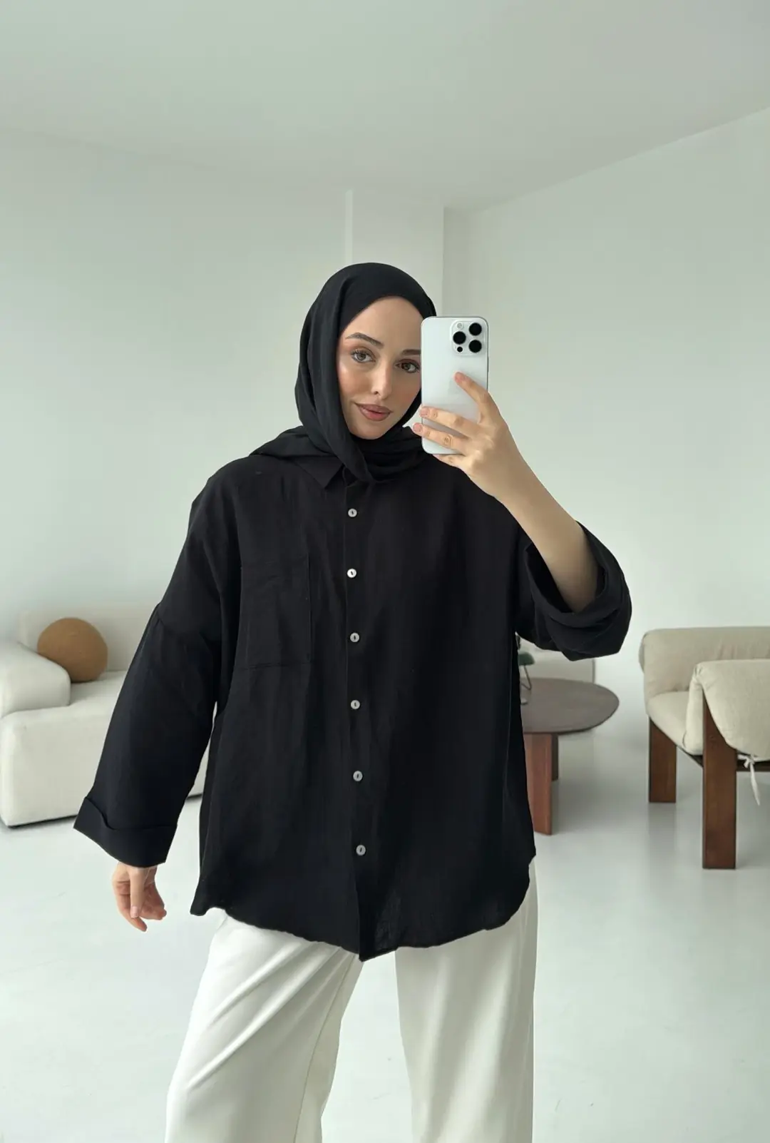 Linen Oversize Gömlek Siyah - Görsel 5