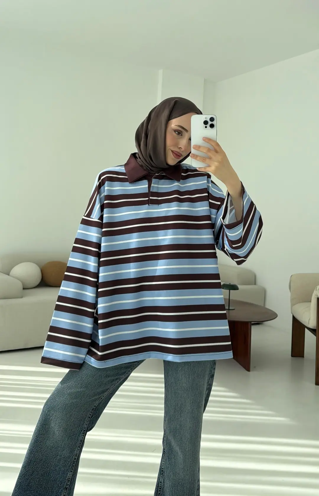 Mavi Çizgili Polo Yaka Sweatshrt - Görsel 5