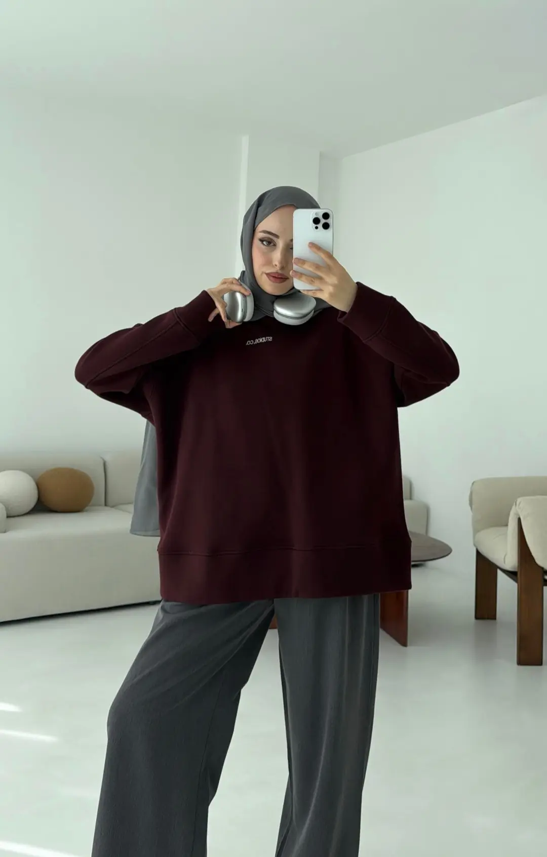 Minimal Baskılı Oversize Sweat Bordo