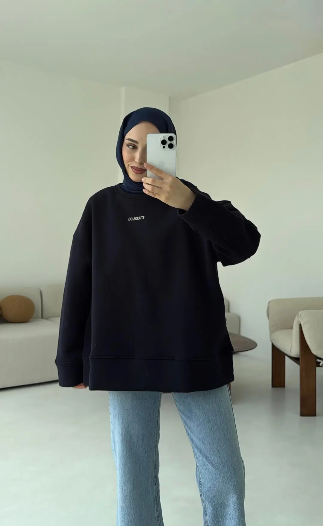 Minimal Baskılı Oversize Sweat Lacivert - Görsel 3