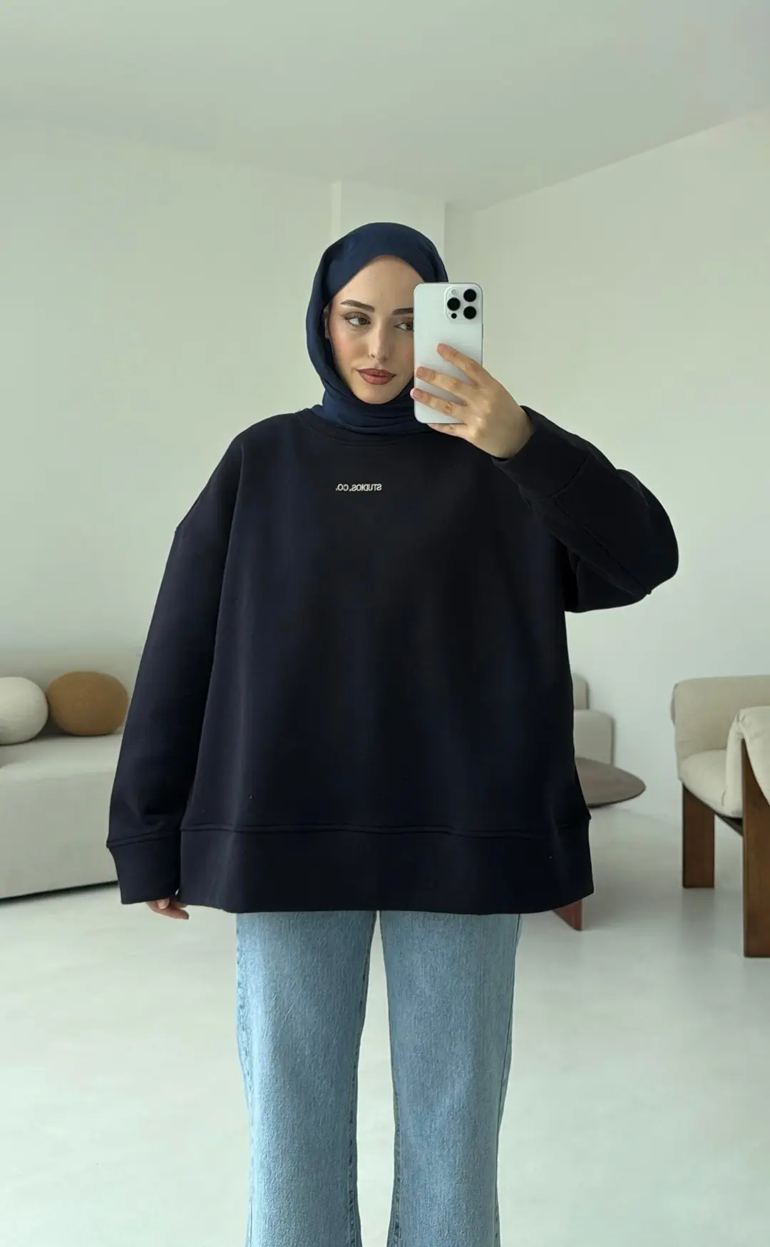 Minimal Baskılı Oversize Sweat Lacivert - Görsel 4