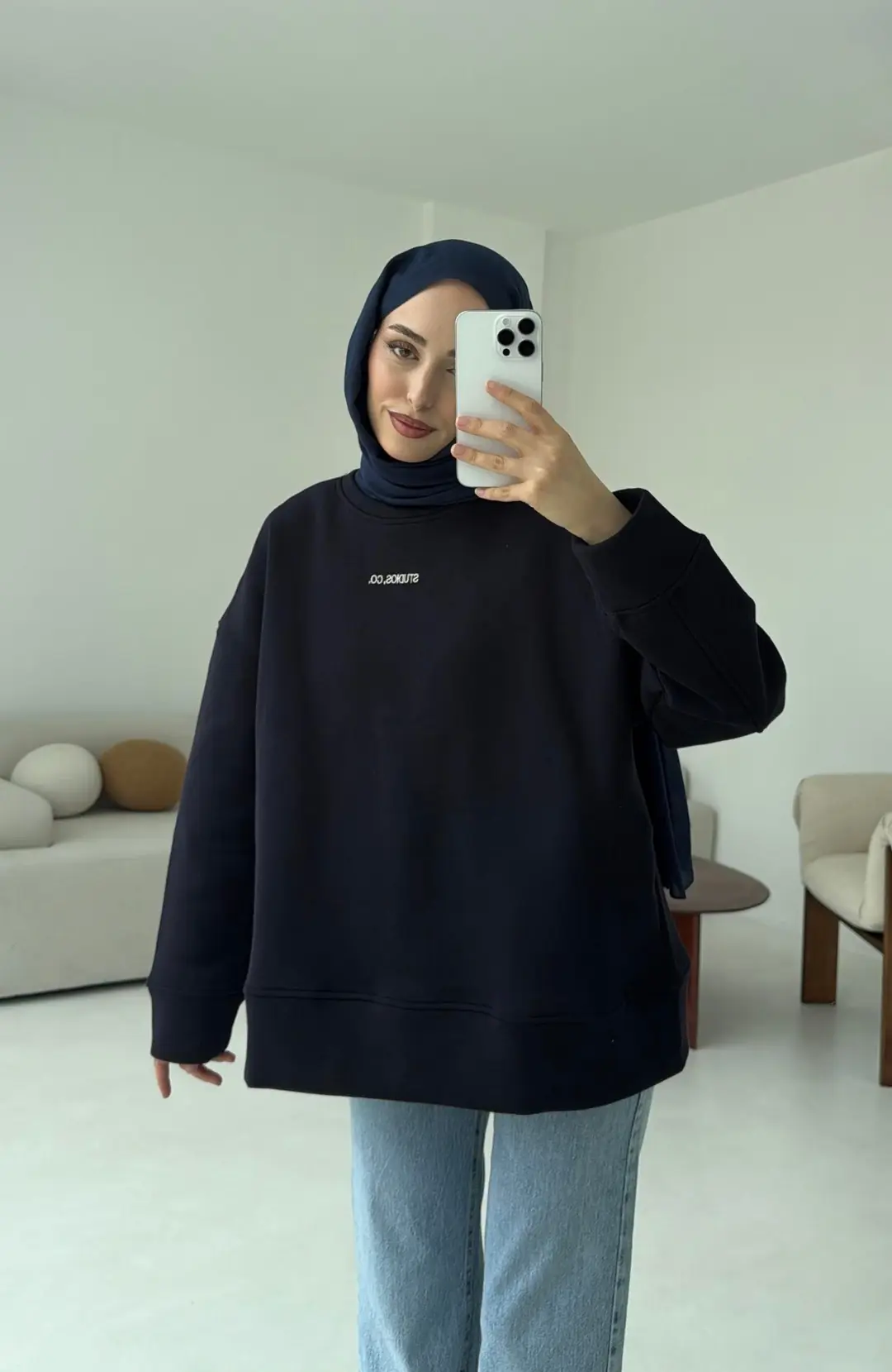 Minimal Baskılı Oversize Sweat Lacivert - Görsel 5