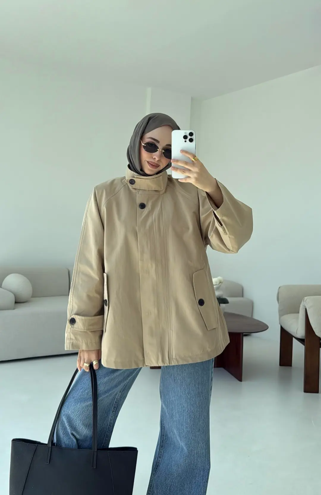 Minimal Yakalı Trençkot Bej - Görsel 5