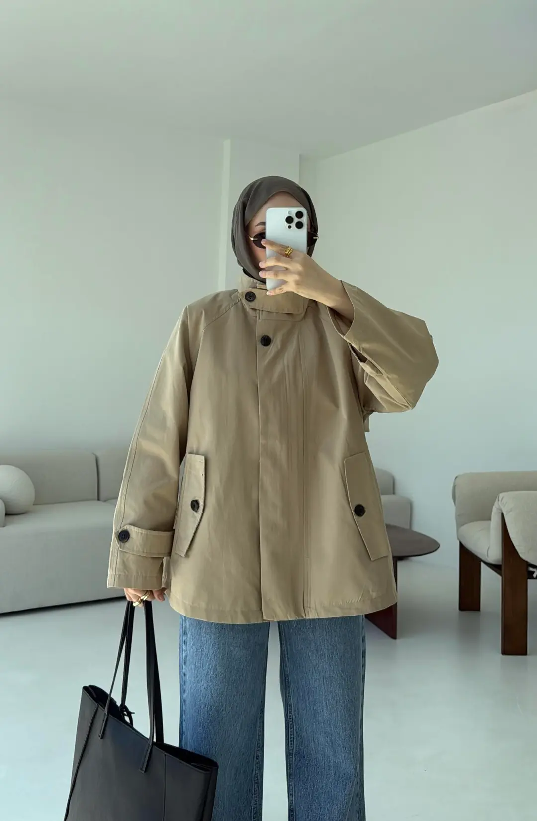 Minimal Yakalı Trençkot Bej - Görsel 6