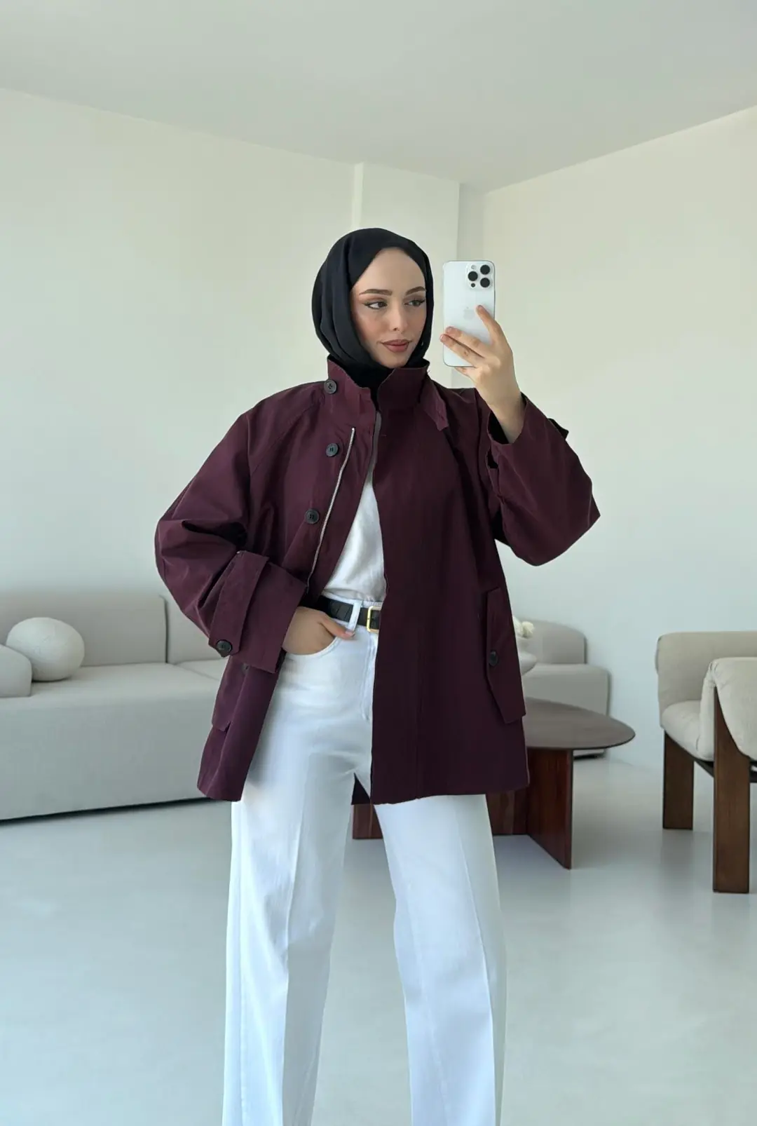 Minimal Yakalı Trençkot Bordo