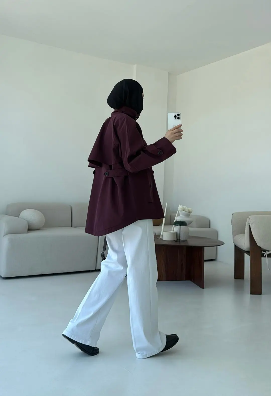 Minimal Yakalı Trençkot Bordo - Görsel 3