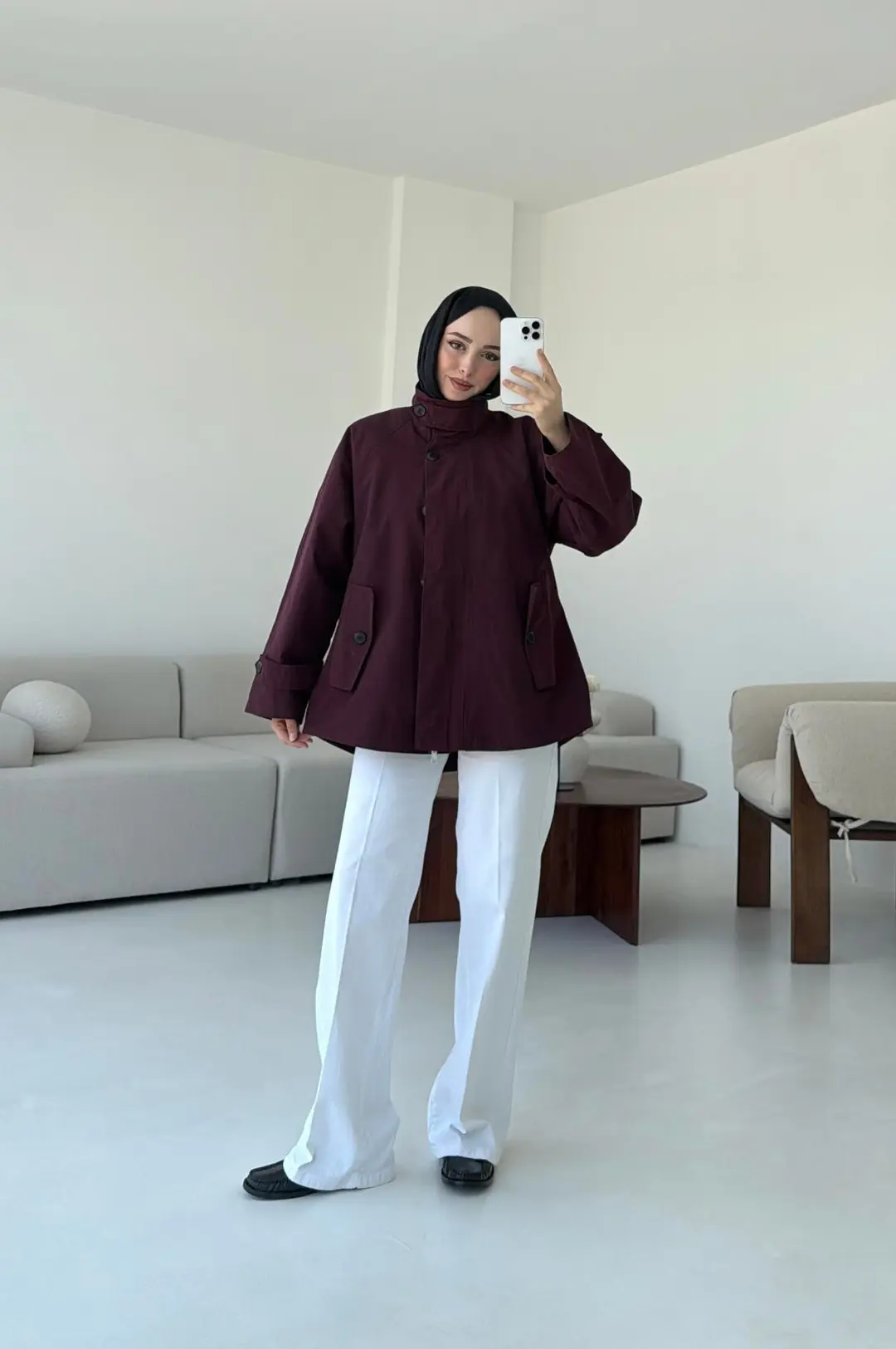 Minimal Yakalı Trençkot Bordo - Görsel 6