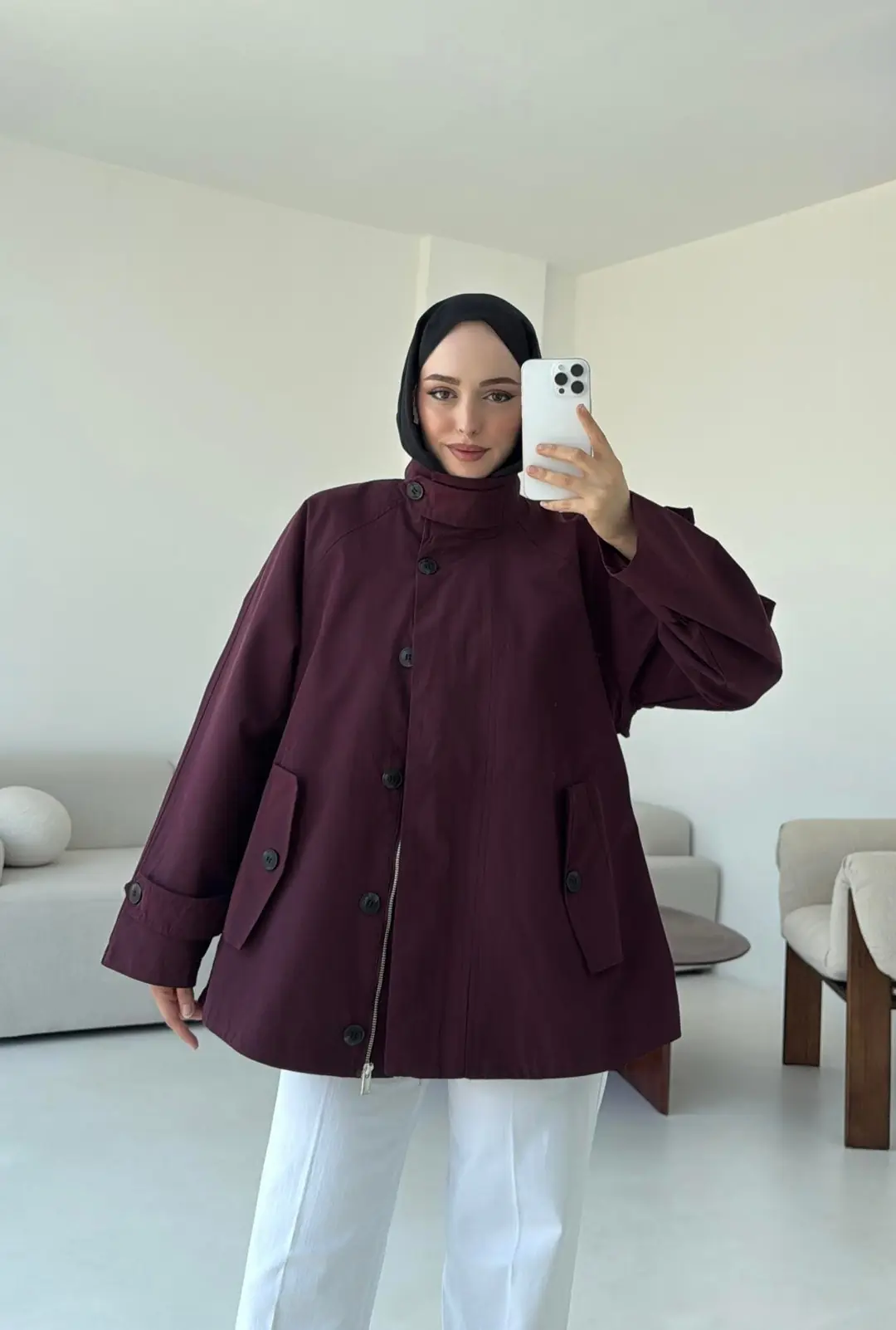 Minimal Yakalı Trençkot Bordo - Görsel 7