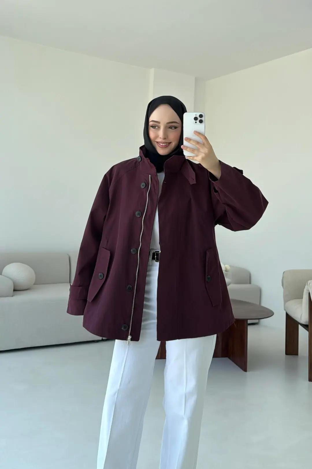 Minimal Yakalı Trençkot Bordo - Görsel 8