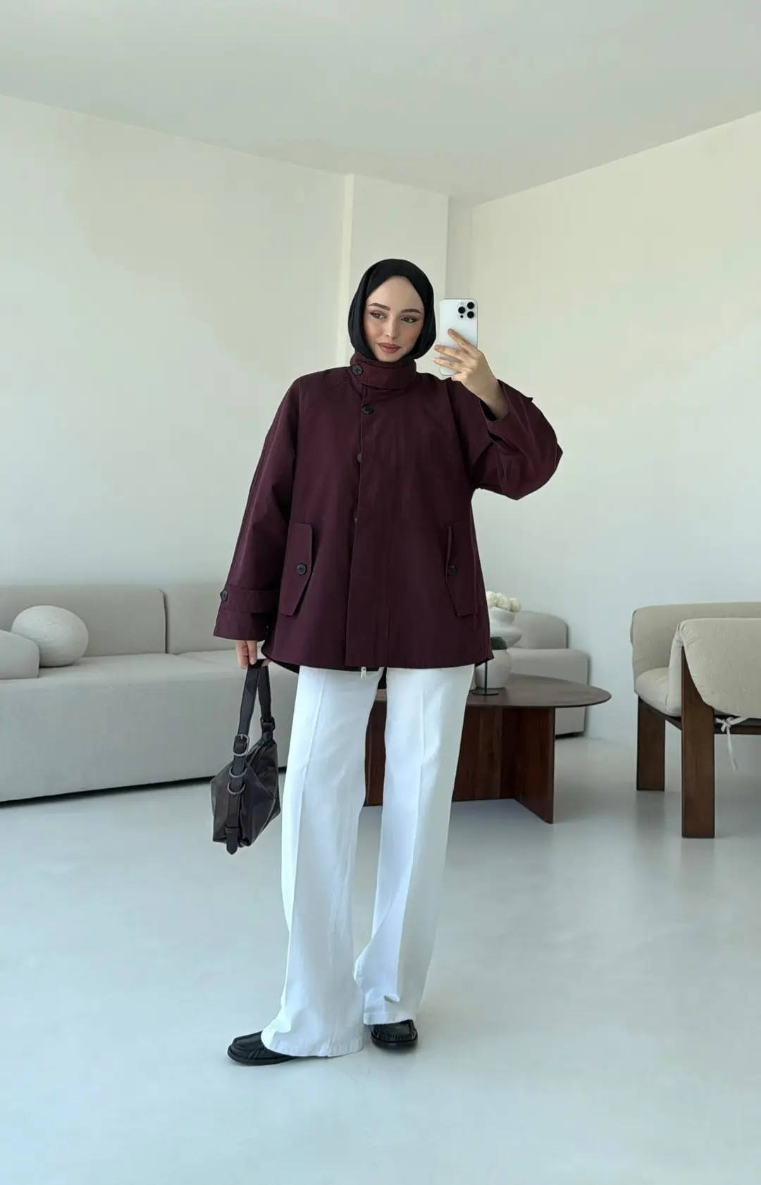 Minimal Yakalı Trençkot Bordo - Görsel 9