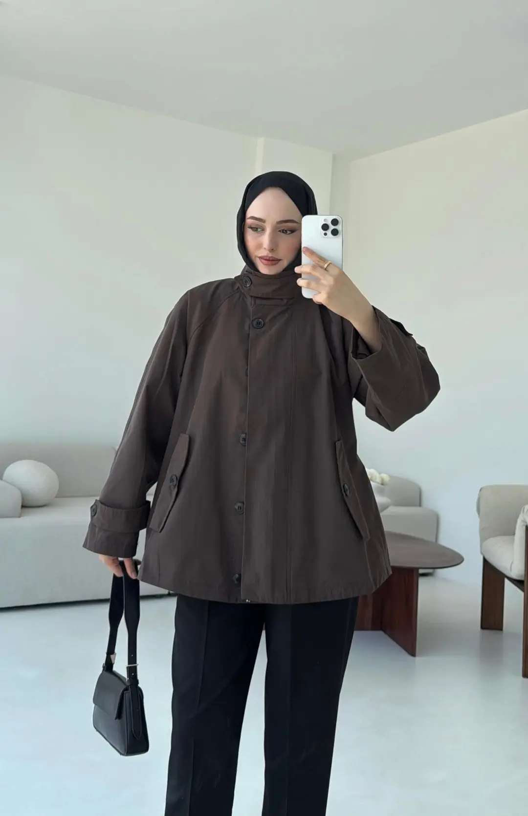 Minimal Yakalı Trençkot Kahve - Görsel 3