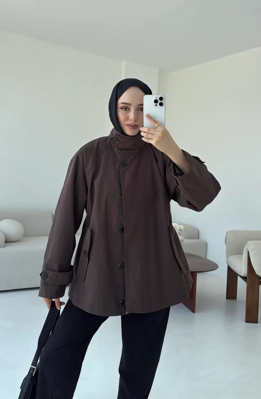 Minimal Yakalı Trençkot Kahve - Görsel 4