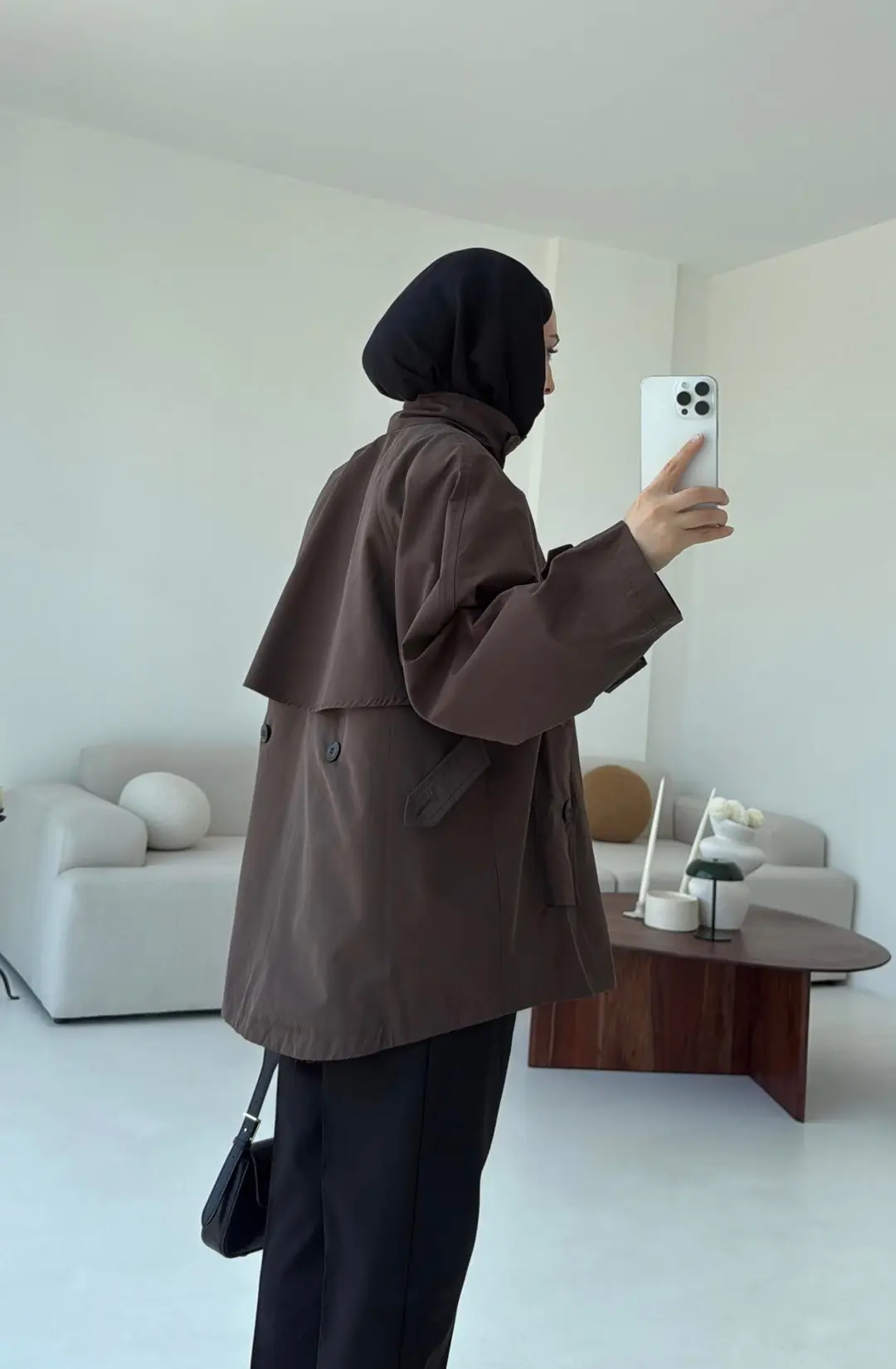 Minimal Yakalı Trençkot Kahve - Görsel 5