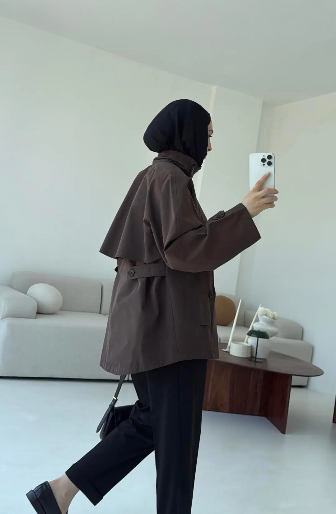 Minimal Yakalı Trençkot Kahve - Görsel 6