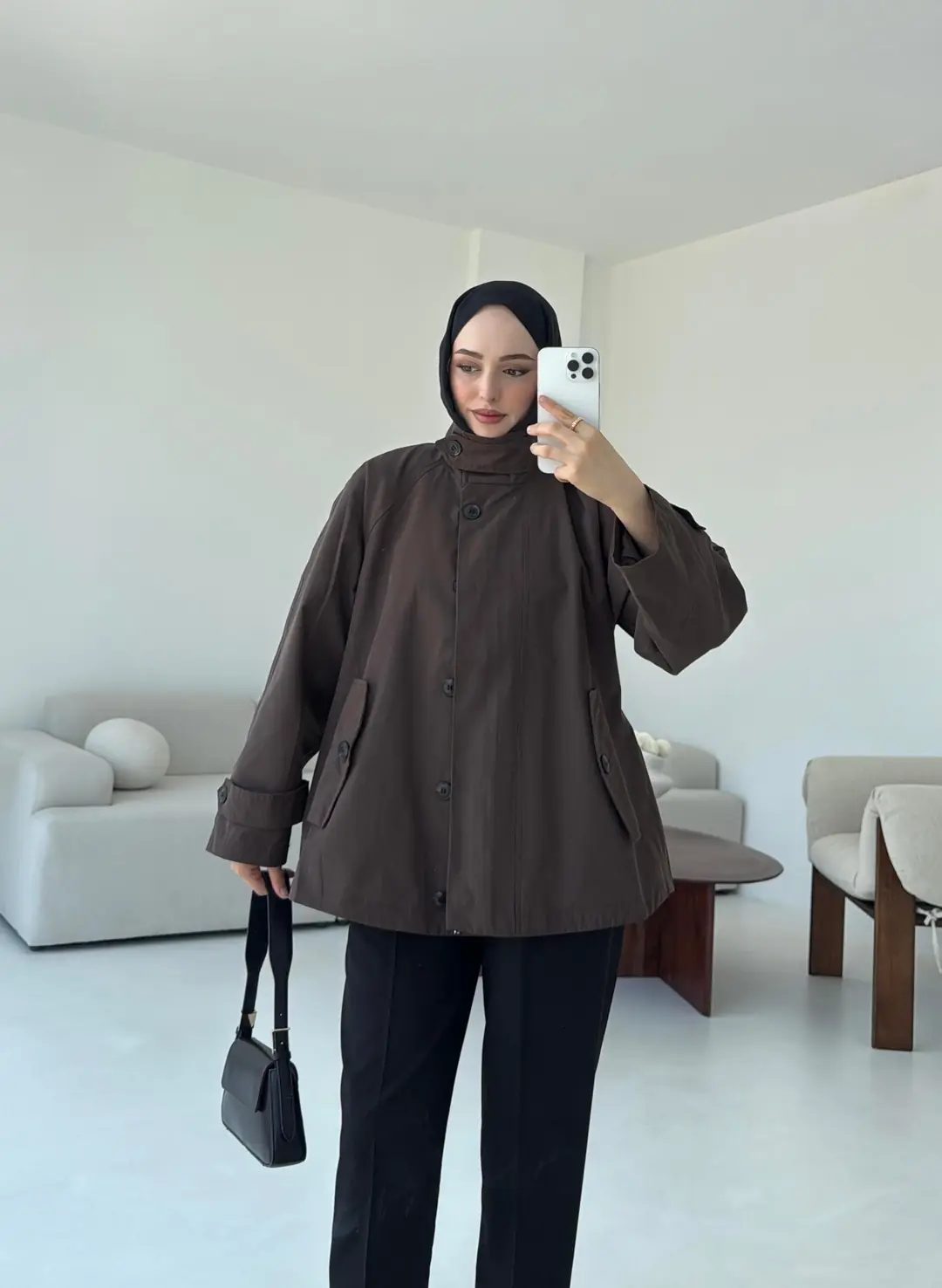 Minimal Yakalı Trençkot Kahve - Görsel 7