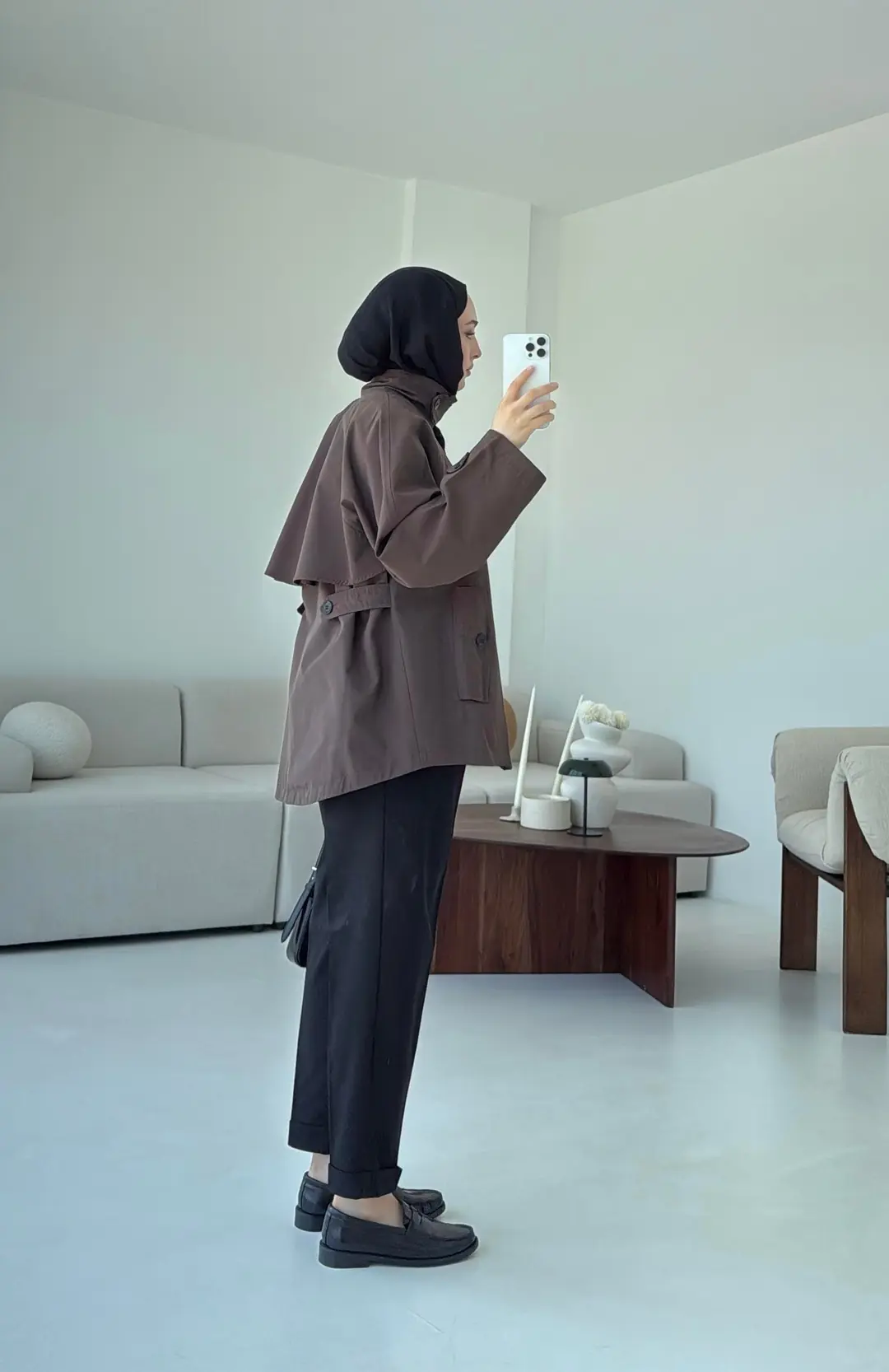 Minimal Yakalı Trençkot Kahve - Görsel 9