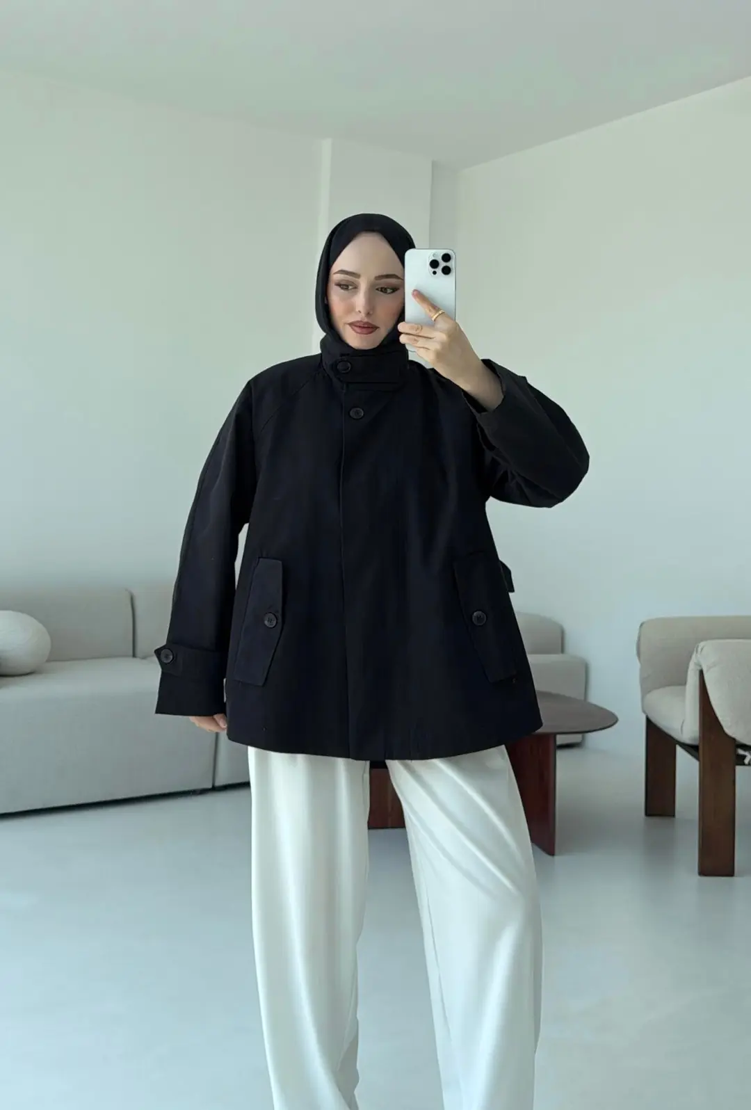 Minimal Yakalı Trençkot Siyah - Görsel 3