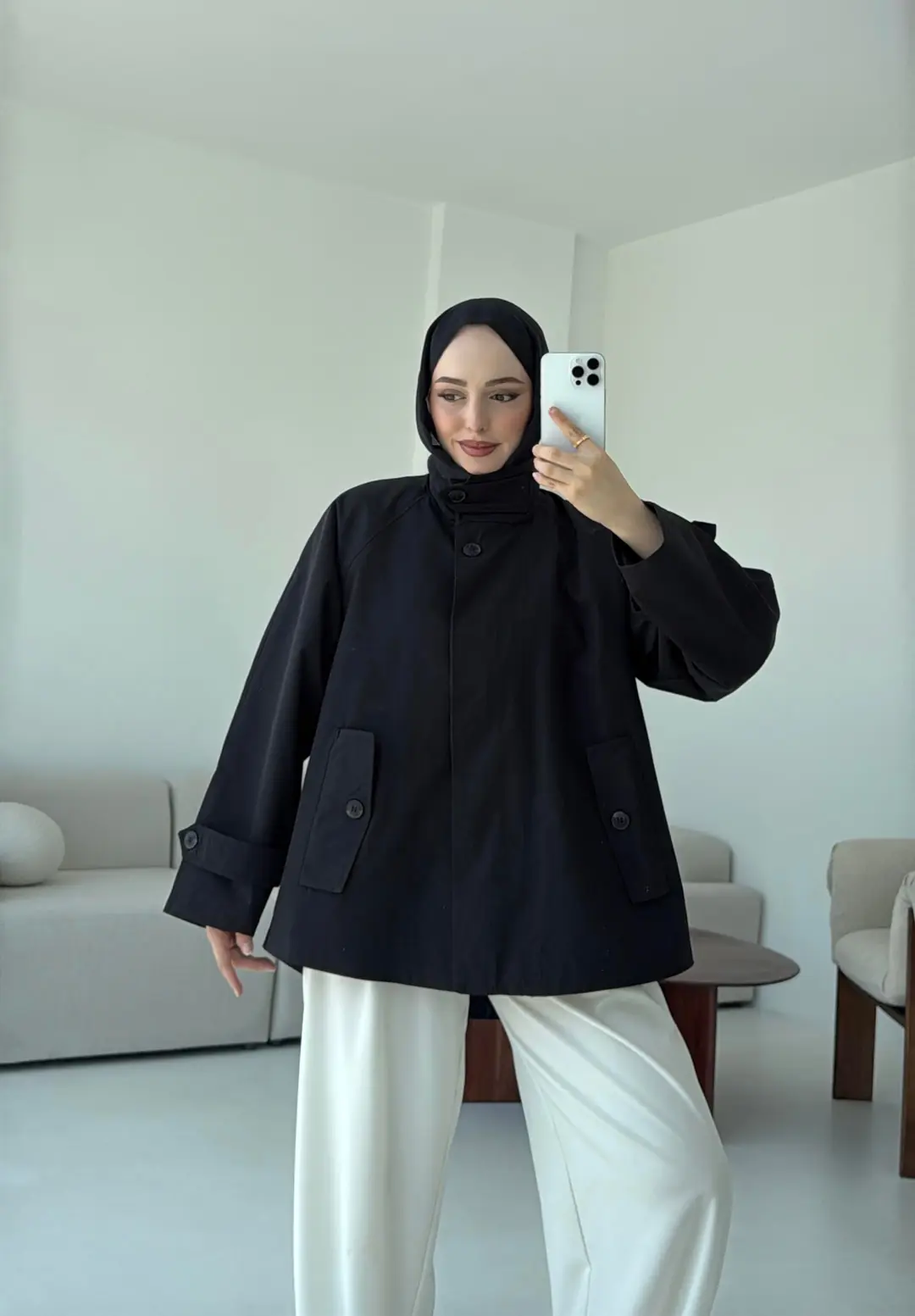 Minimal Yakalı Trençkot Siyah - Görsel 7