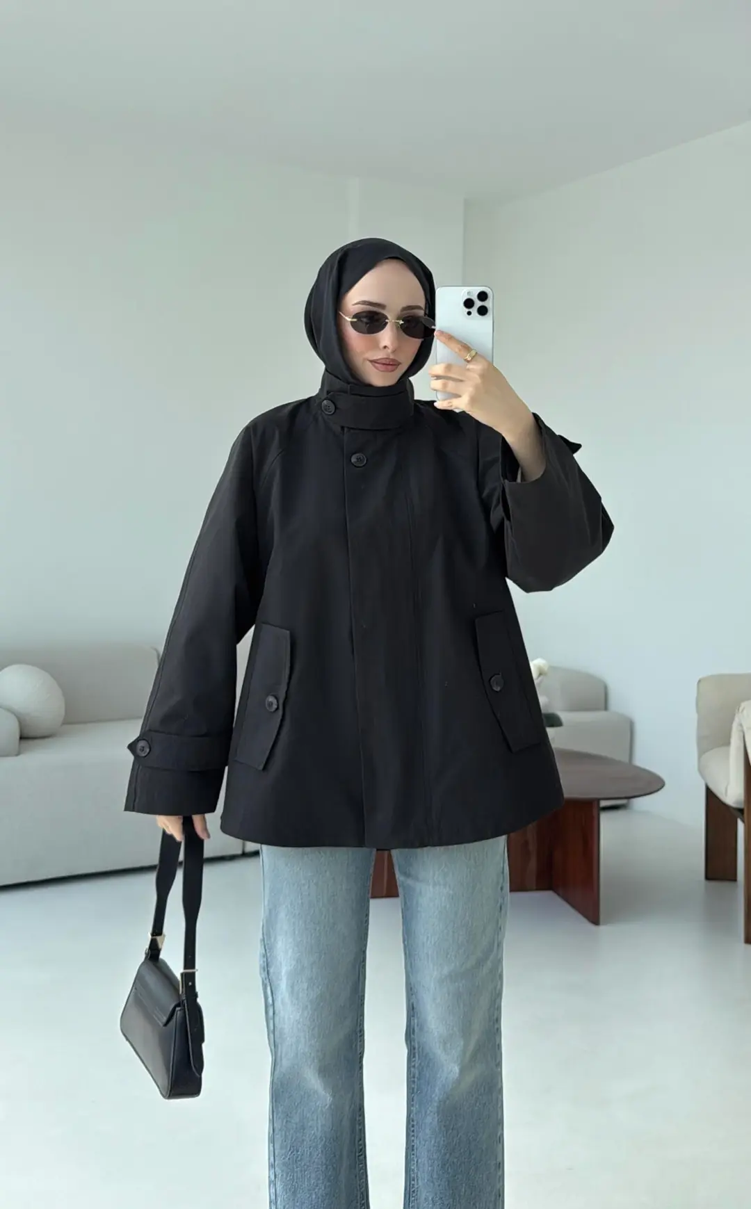 Minimal Yakalı Trençkot Siyah