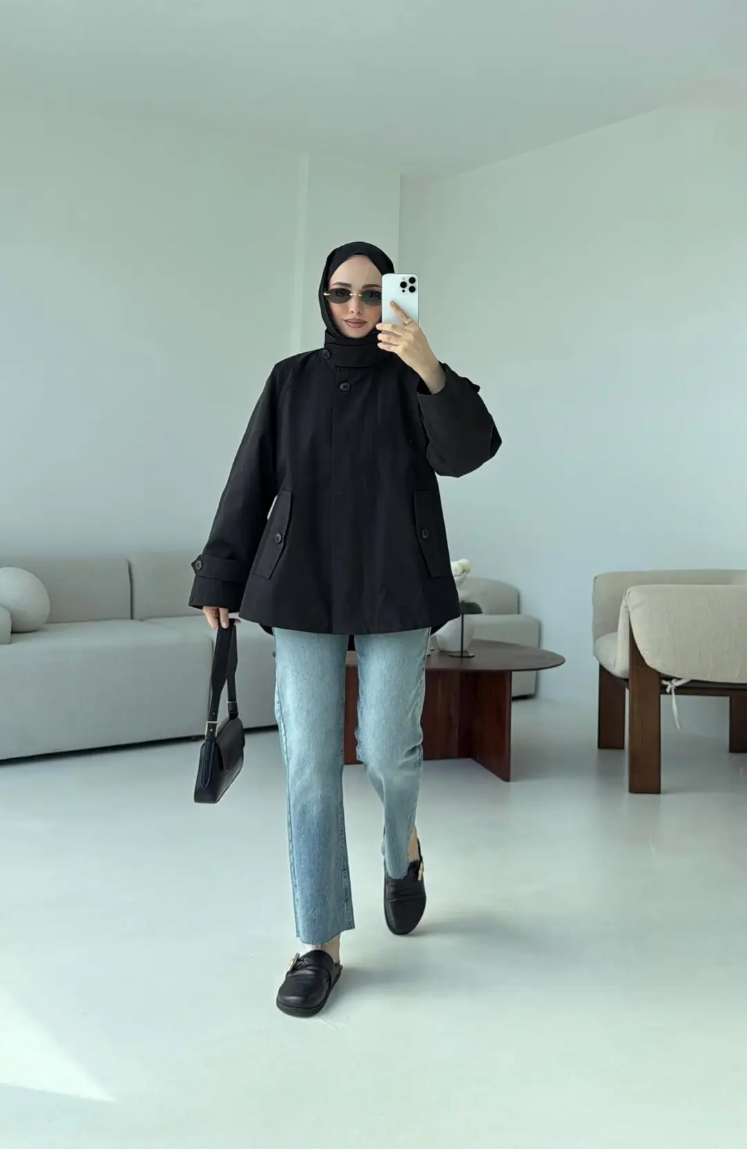 Minimal Yakalı Trençkot Siyah - Görsel 2