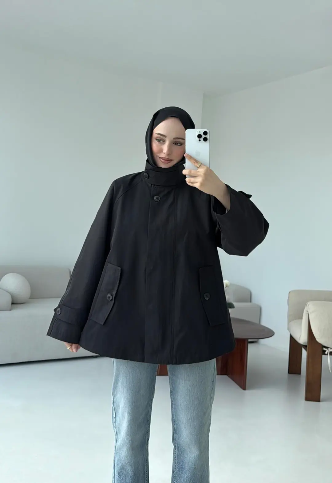 Minimal Yakalı Trençkot Siyah - Görsel 4