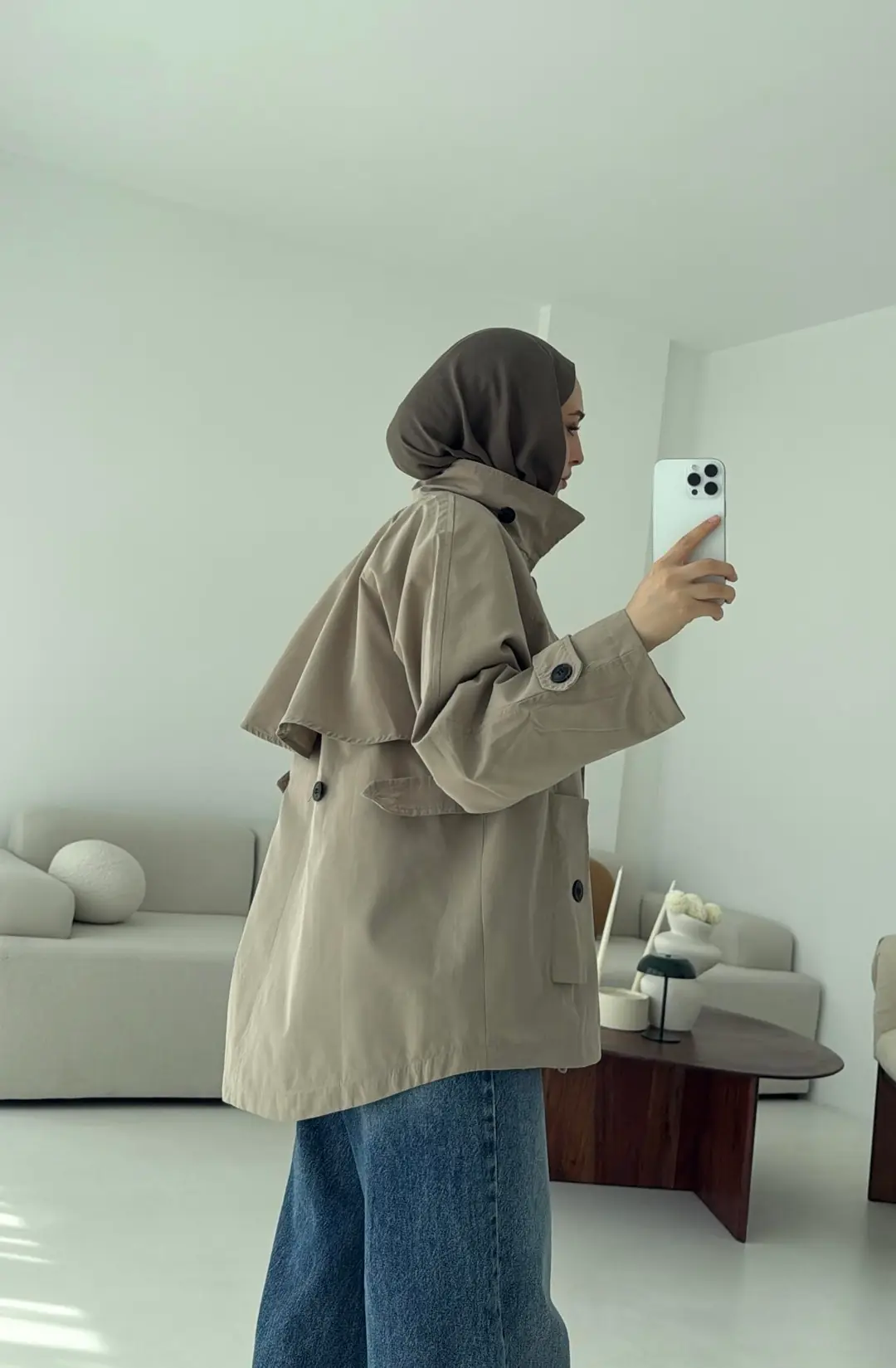 Minimal Yakalı Trençkot Vizon - Görsel 7