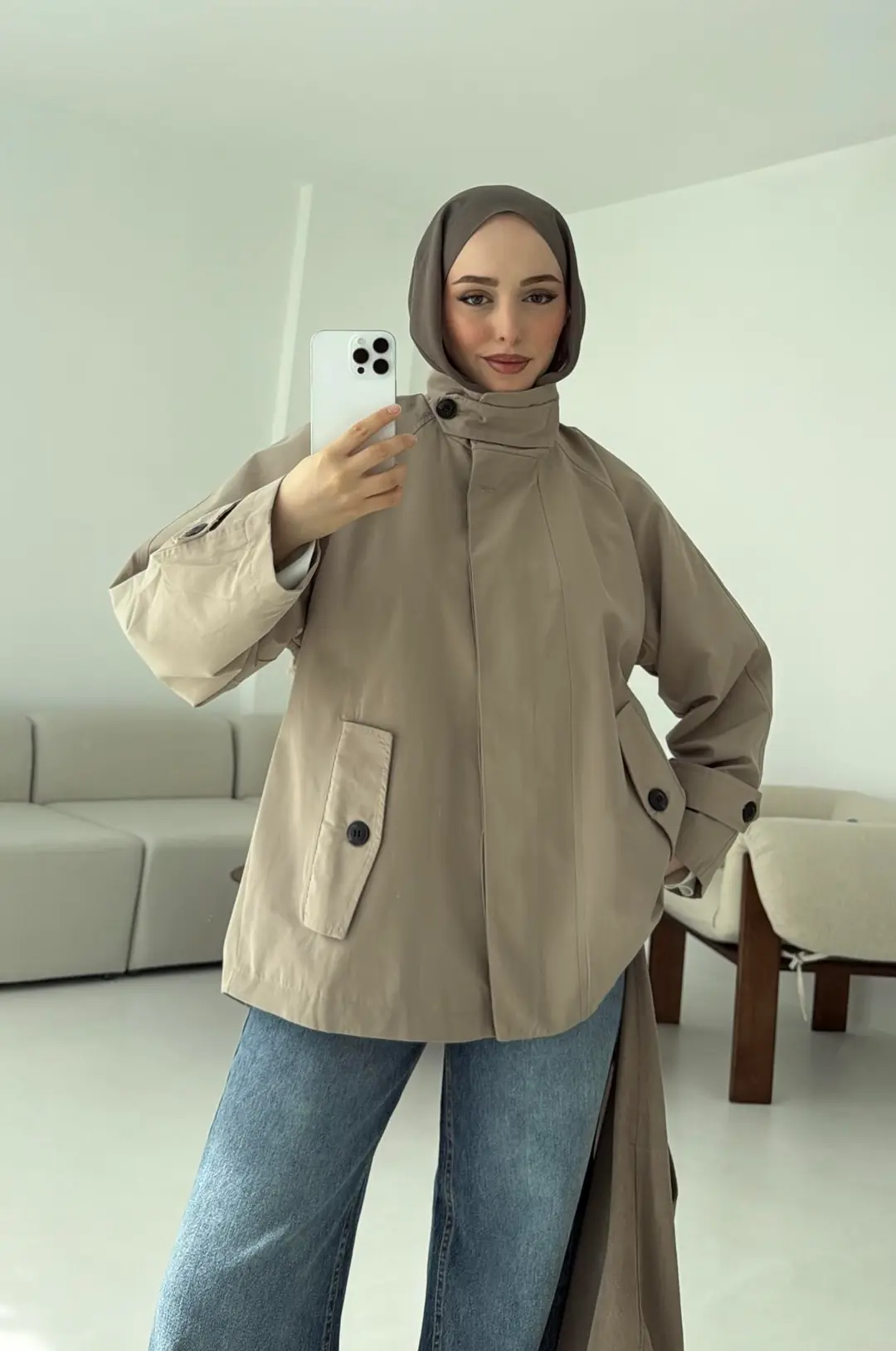 Minimal Yakalı Trençkot Vizon - Görsel 8