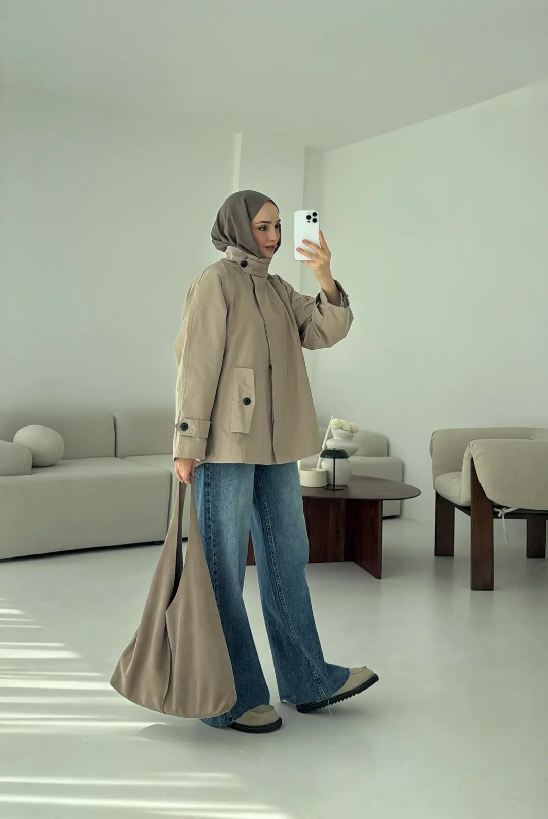 Minimal Yakalı Trençkot Vizon - Görsel 9