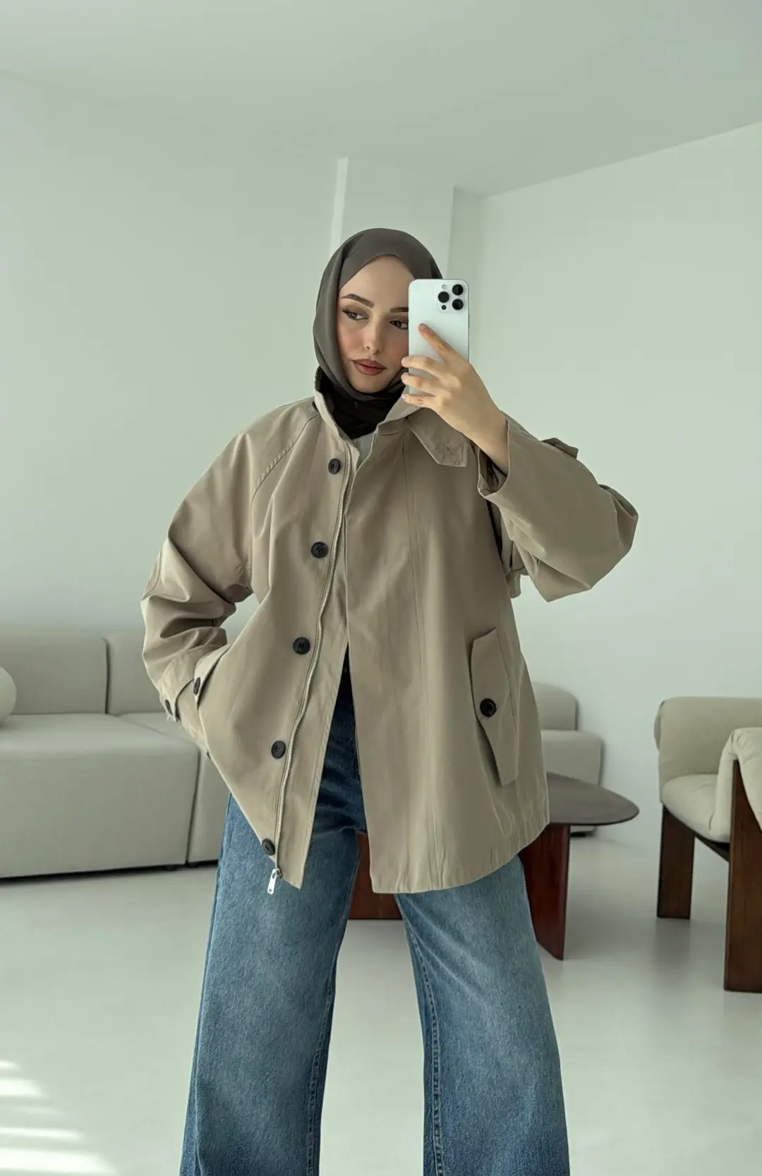 Minimal Yakalı Trençkot Vizon - Görsel 4