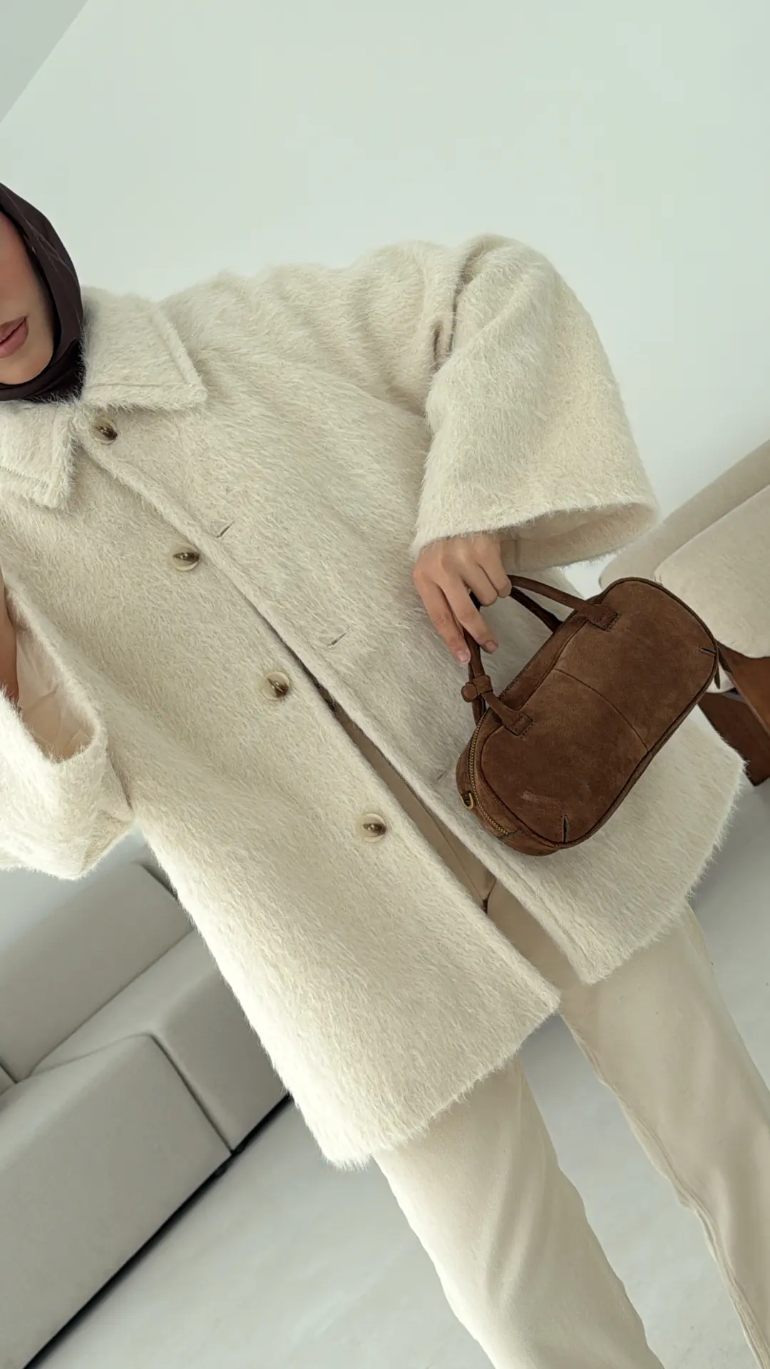 Mohair Reglan Kol Kaban Krem - Görsel 4