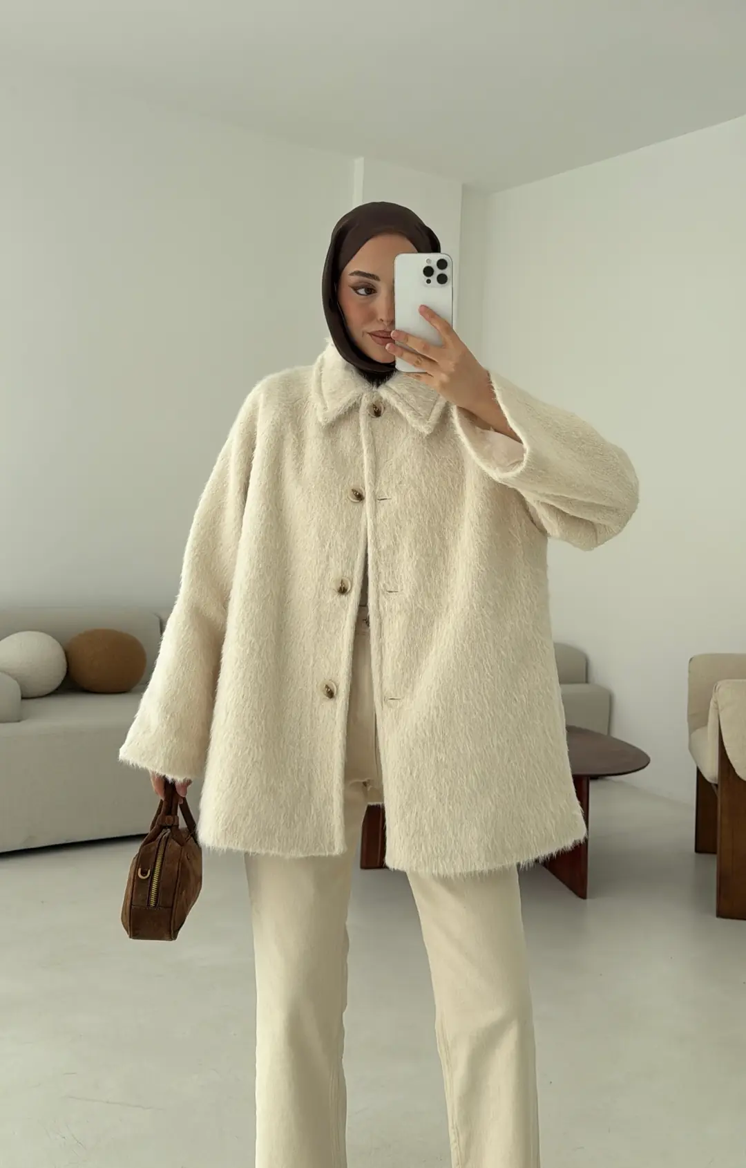 Mohair Reglan Kol Kaban Krem - Görsel 7