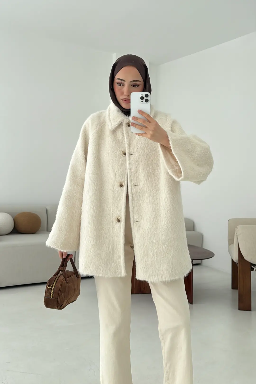 Mohair Reglan Kol Kaban Krem - Görsel 9