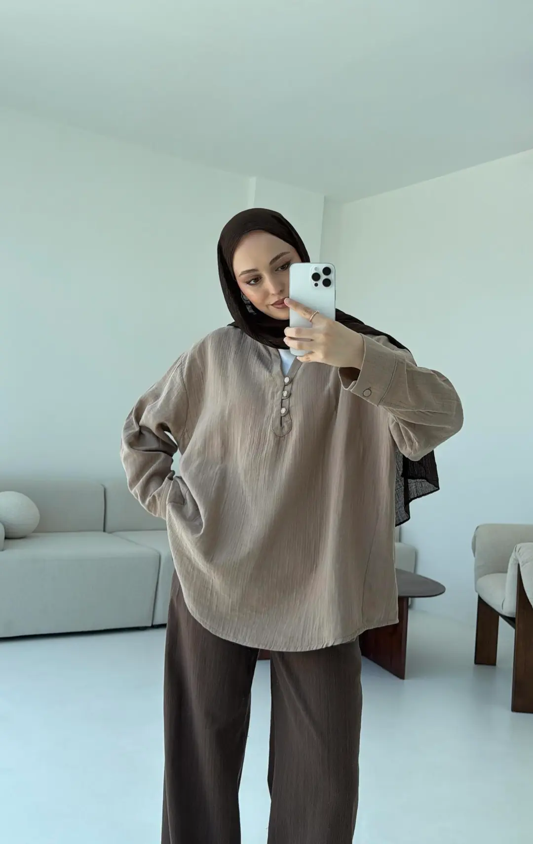 Müslin Düğmeli Gömlek Bej - Görsel 3