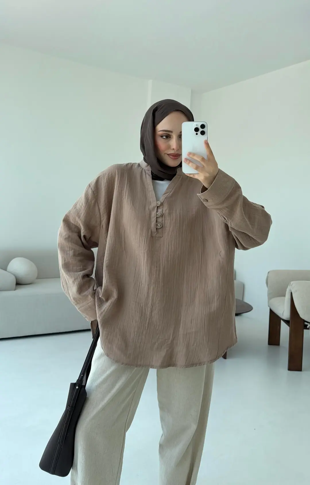 Müslin Düğmeli Gömlek Bej - Görsel 3