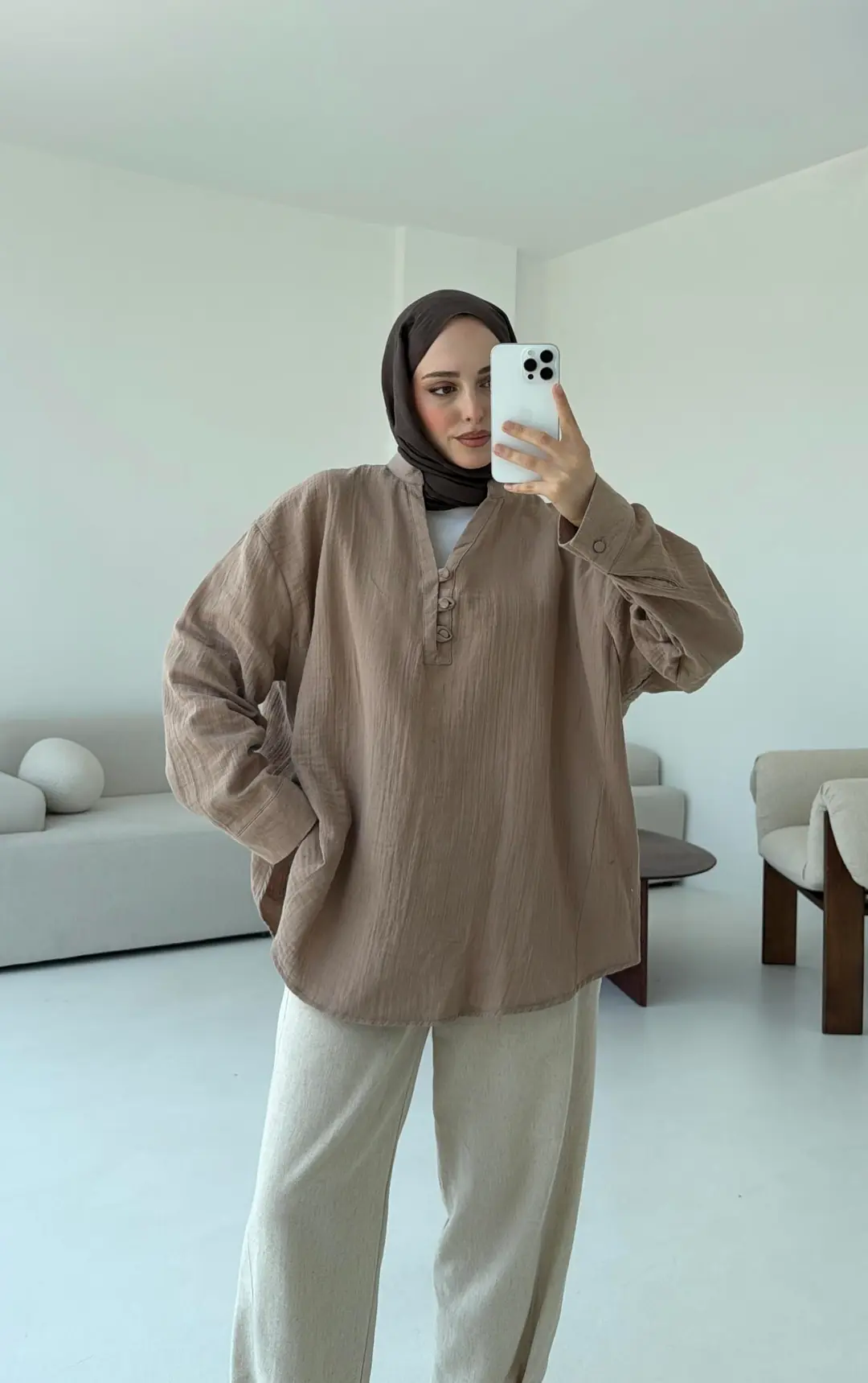 Müslin Düğmeli Gömlek Bej - Görsel 8