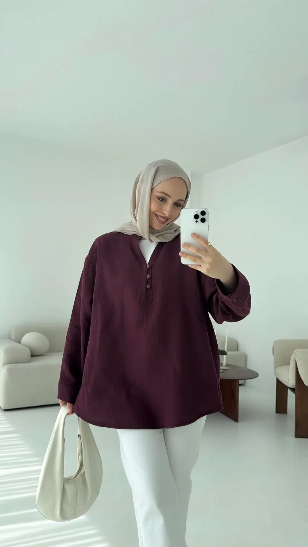 Müslin Düğmeli Gömlek Bordo - Görsel 2