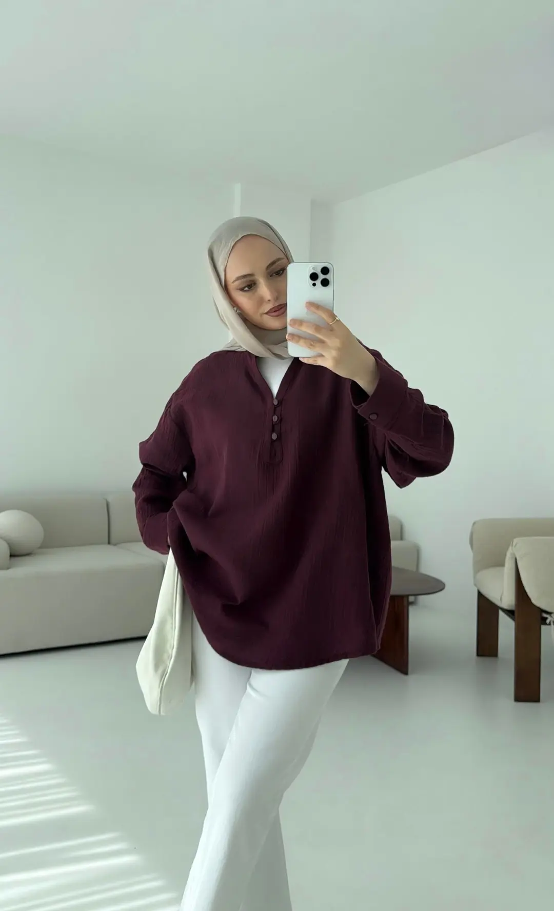 Müslin Düğmeli Gömlek Bordo - Görsel 3