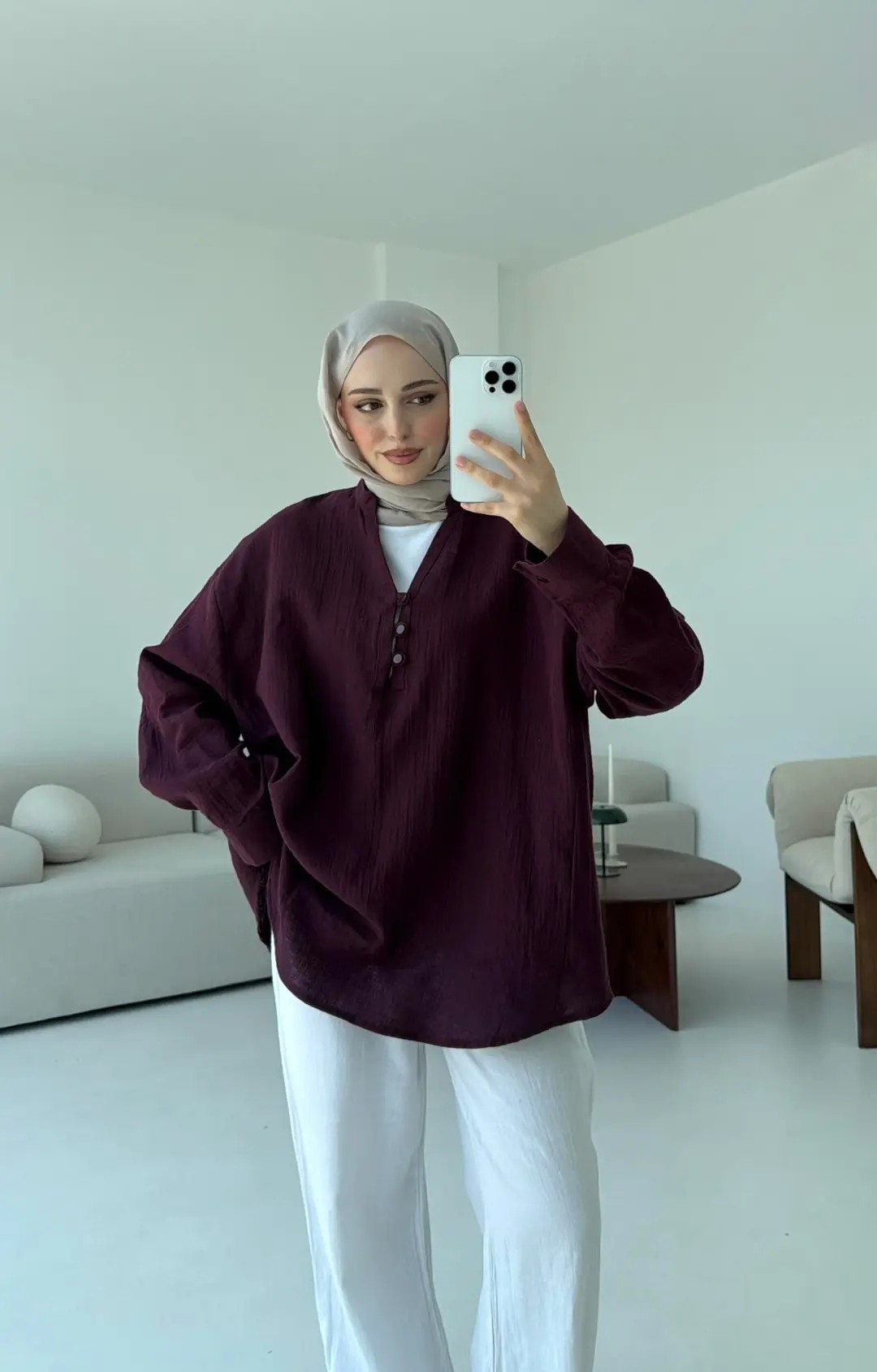 Müslin Düğmeli Gömlek Bordo - Görsel 7