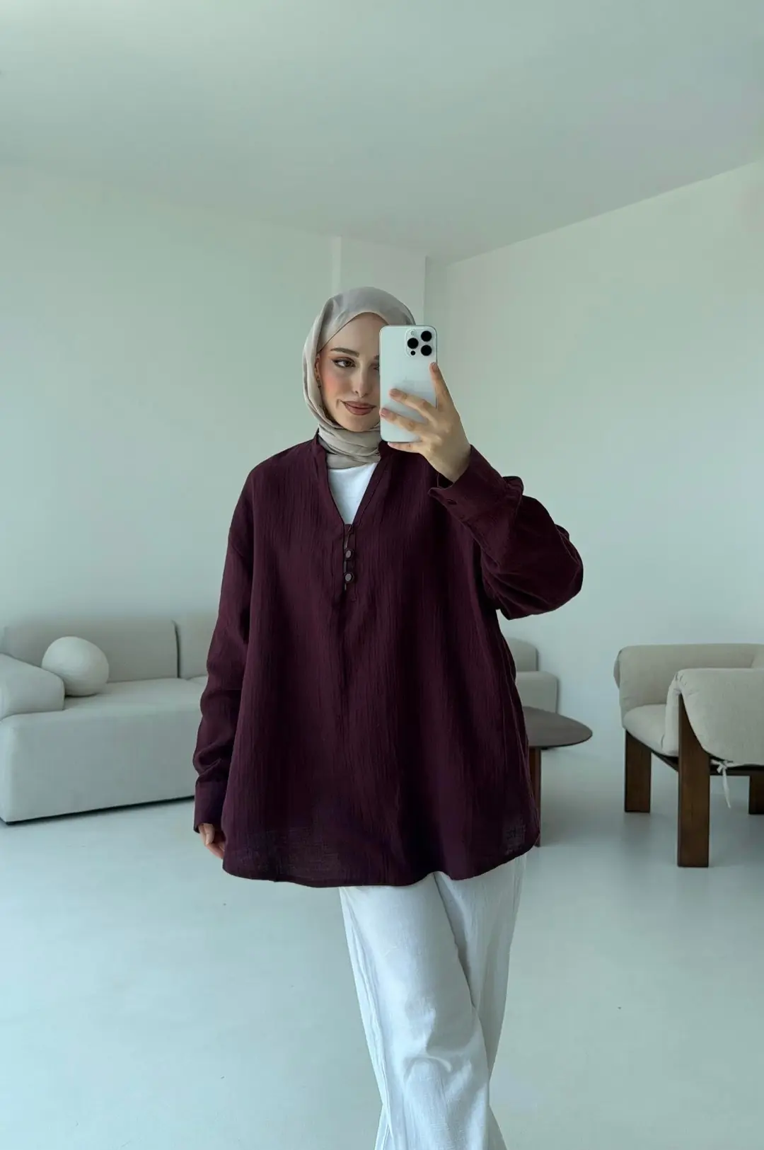 Müslin Düğmeli Gömlek Bordo - Görsel 8