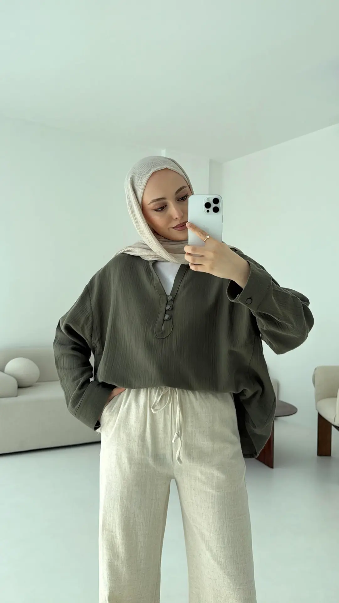 Müslin Düğmeli Gömlek Haki