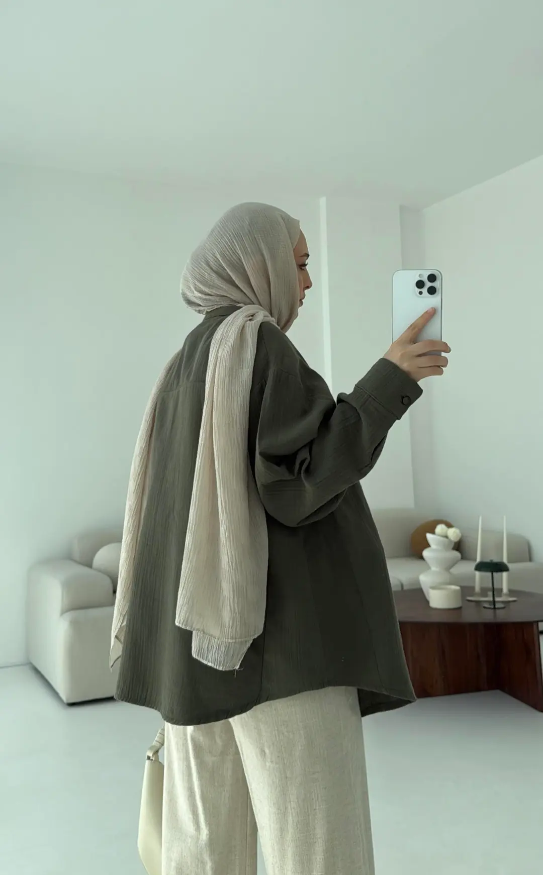 Müslin Düğmeli Gömlek Haki - Görsel 3