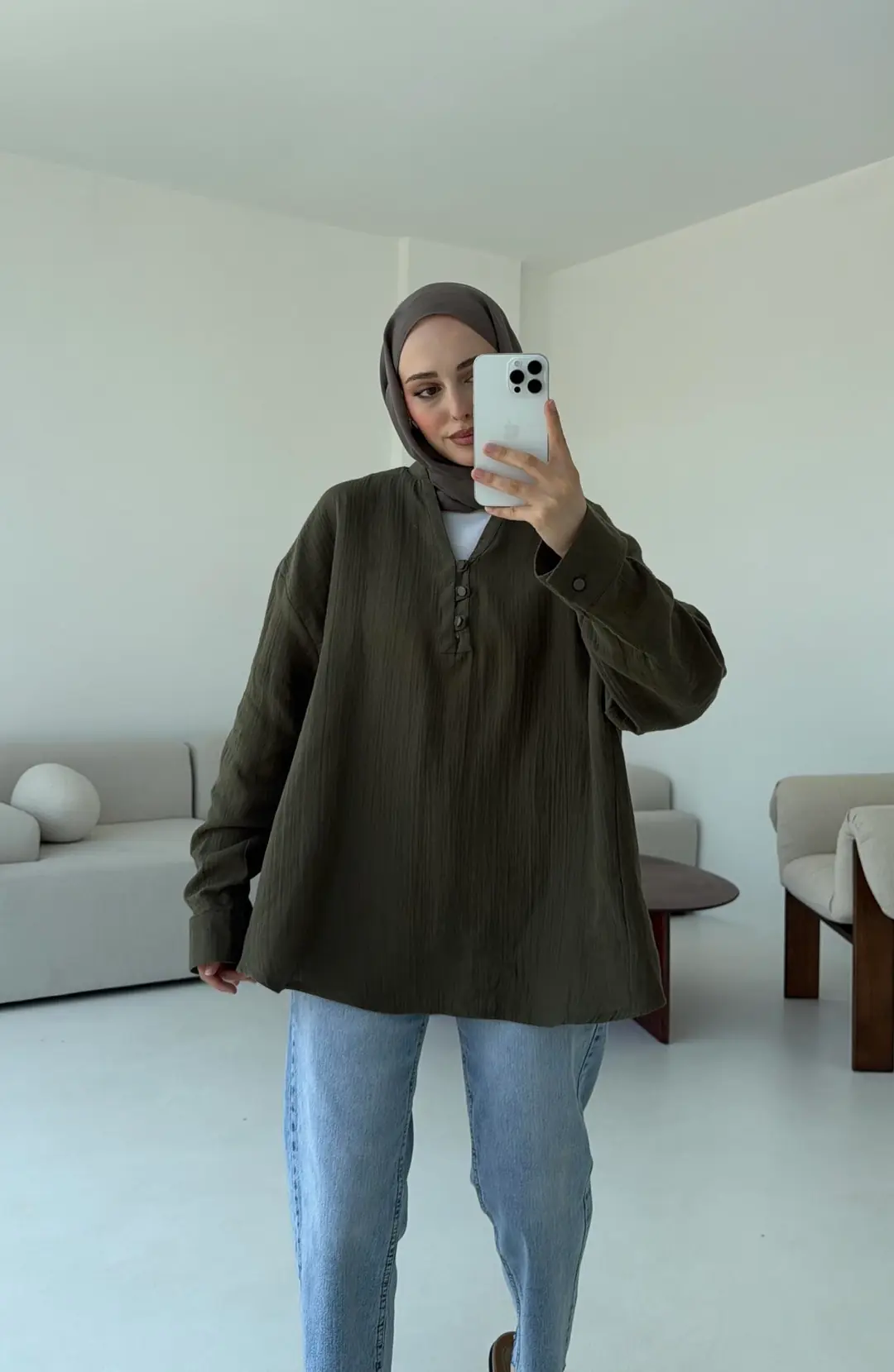 Müslin Düğmeli Gömlek Haki - Görsel 2