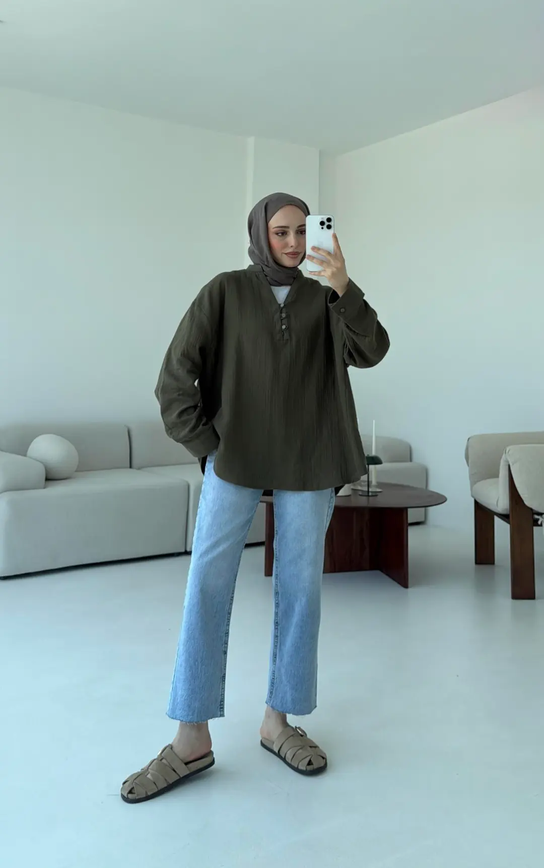 Müslin Düğmeli Gömlek Haki - Görsel 5