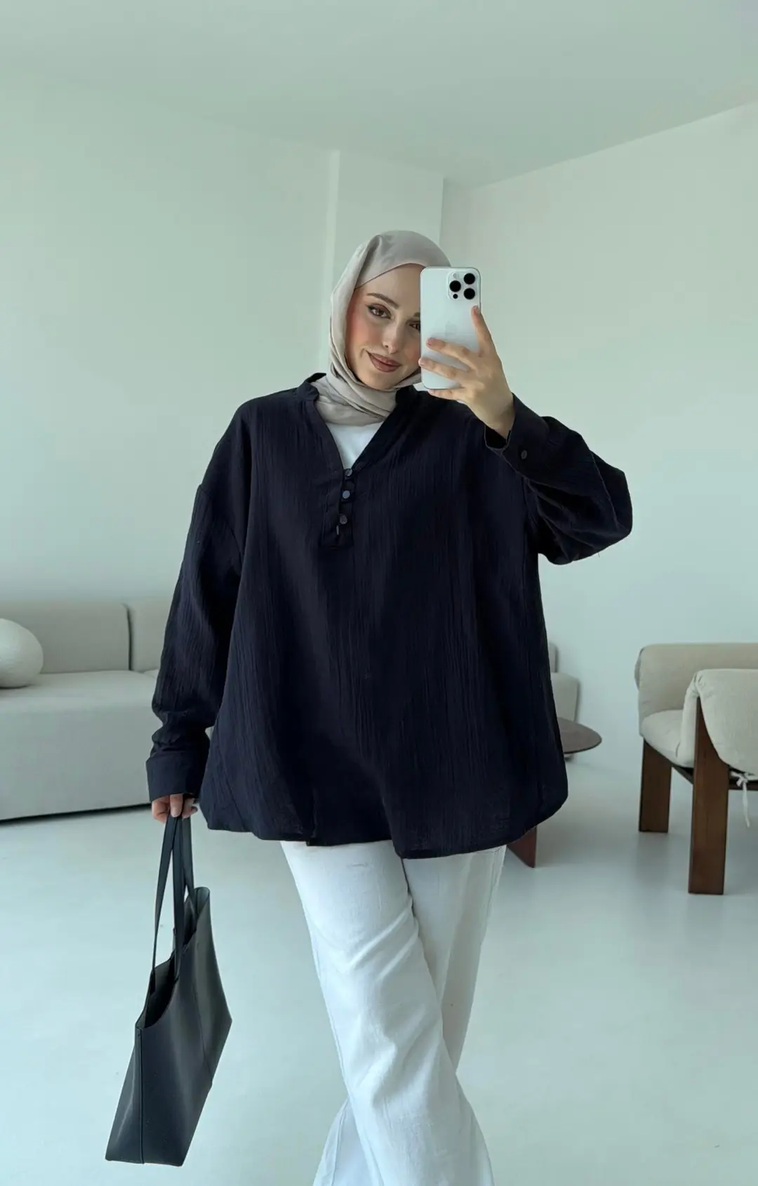 Müslin Düğmeli Gömlek Lacivert - Görsel 3