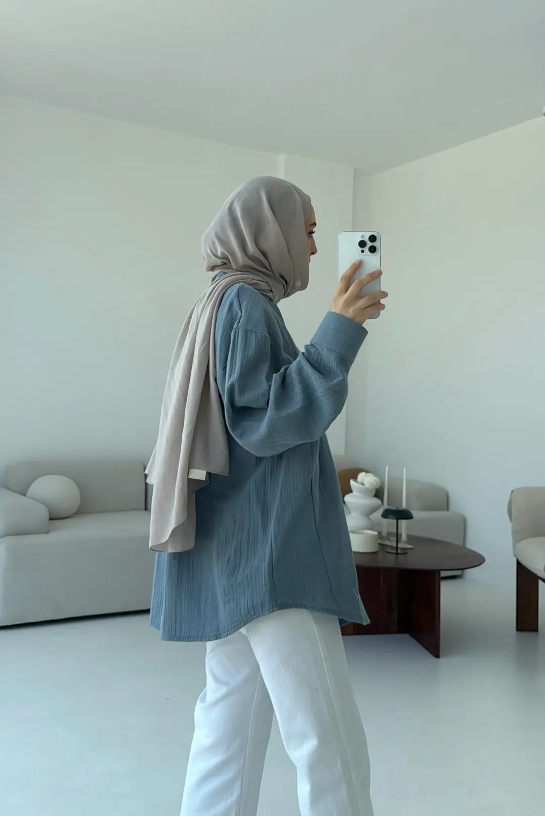 Müslin Düğmeli Gömlek Mavi - Görsel 4