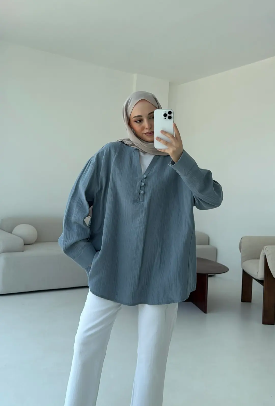 Müslin Düğmeli Gömlek Mavi - Görsel 5