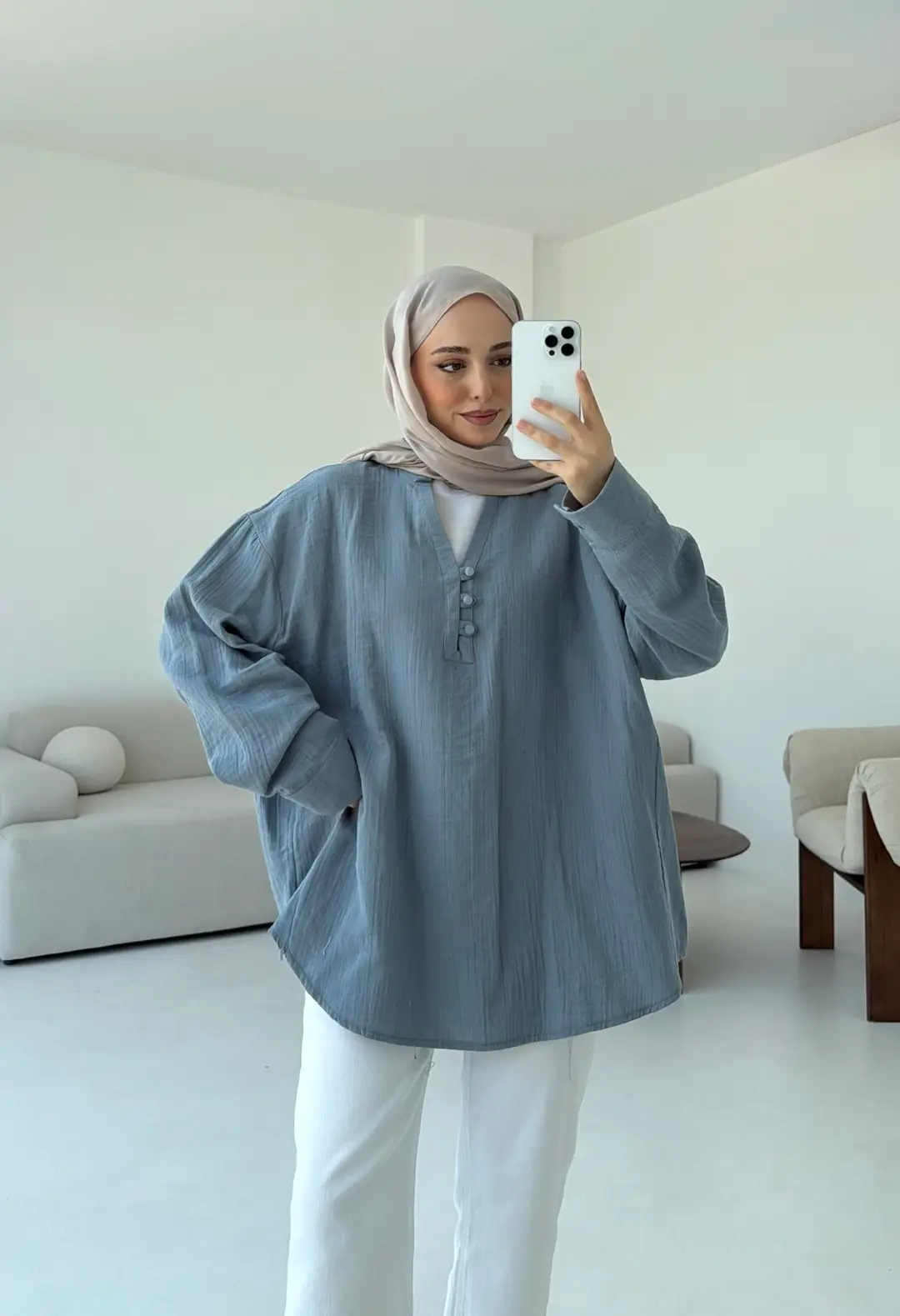 Müslin Düğmeli Gömlek Mavi - Görsel 6