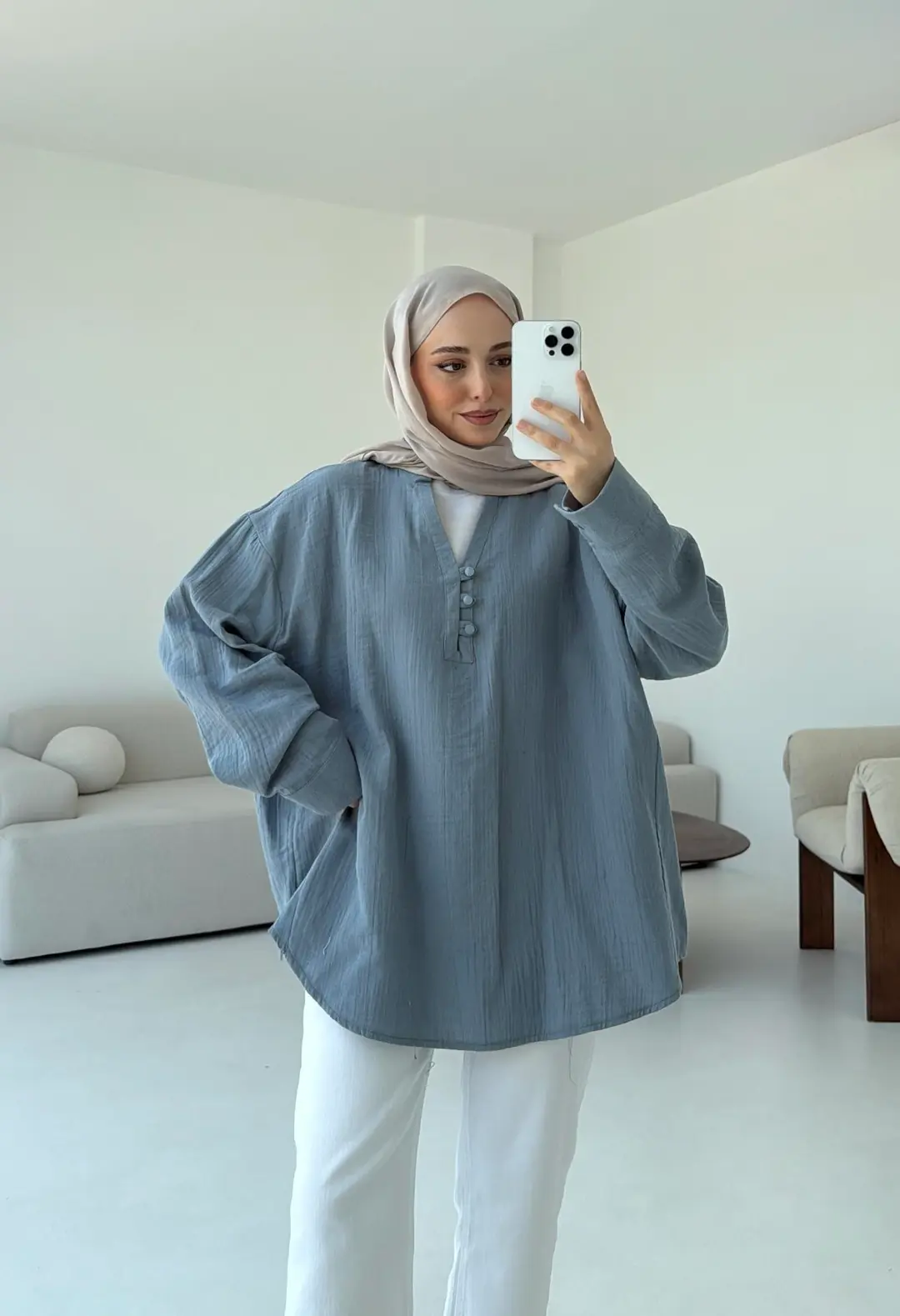 Müslin Düğmeli Gömlek Mavi - Görsel 6