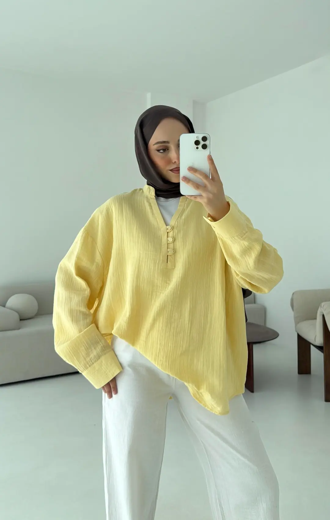 Müslin Düğmeli Gömlek Sarı - Görsel 2