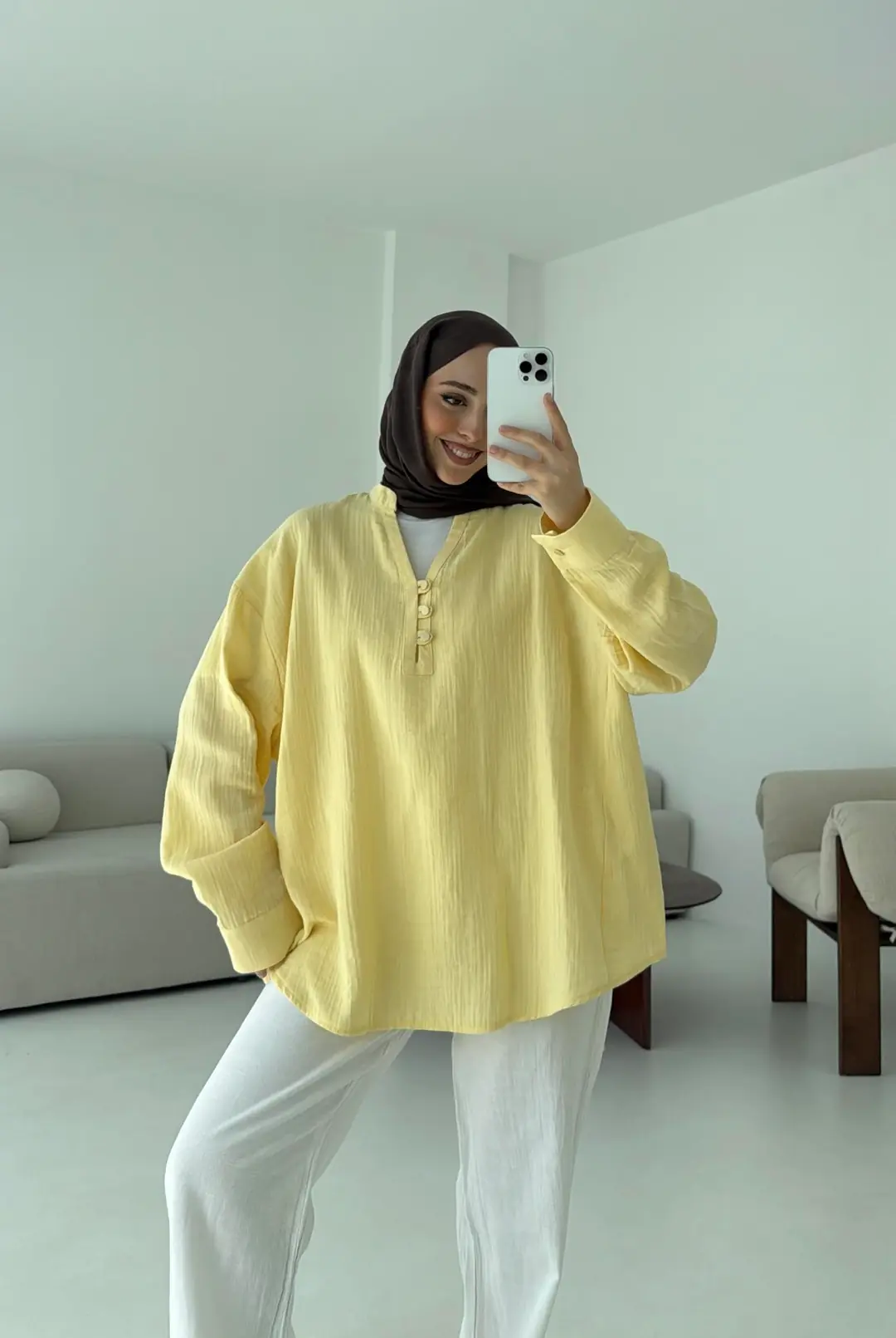 Müslin Düğmeli Gömlek Sarı - Görsel 3